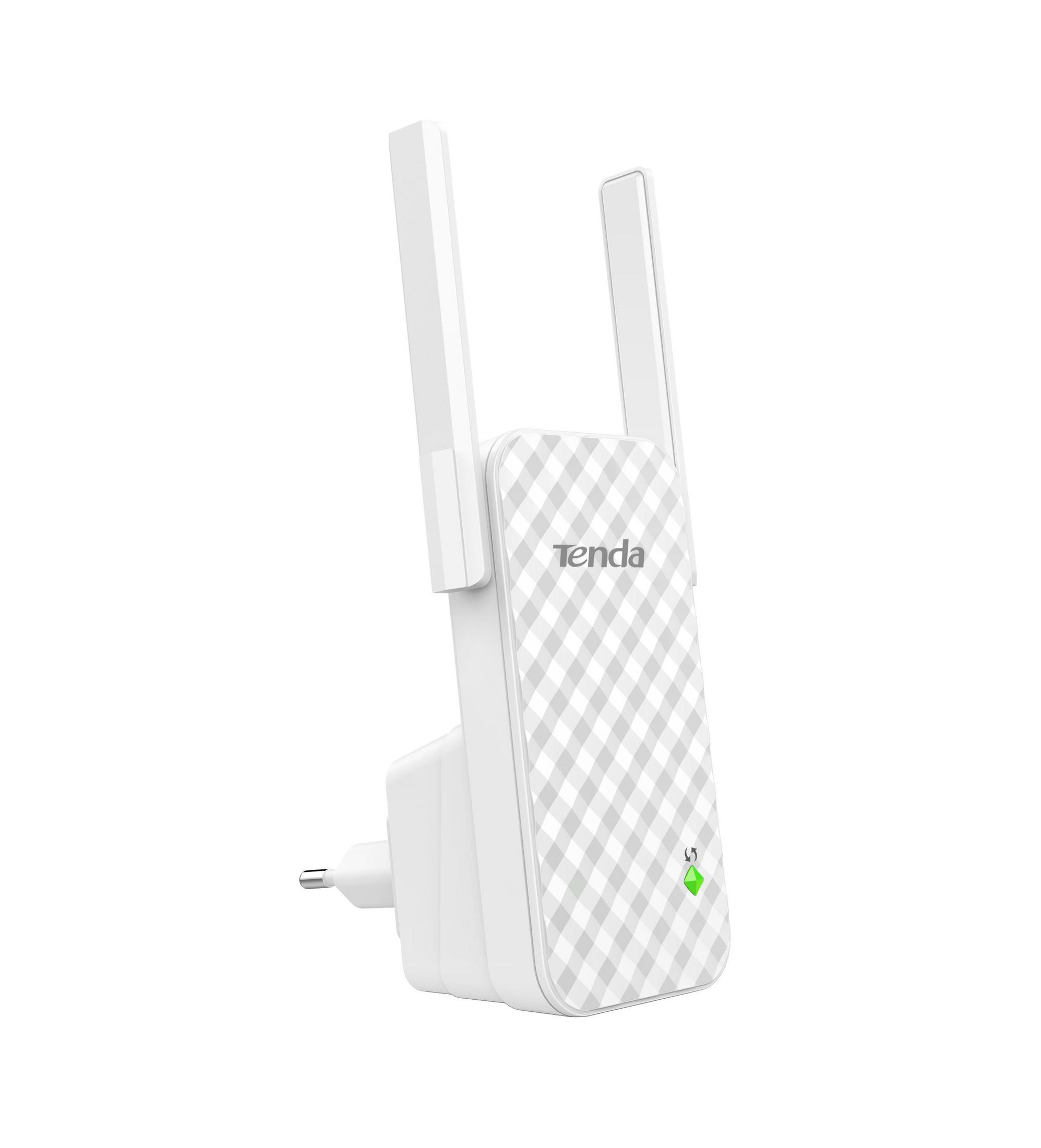 Un repetidor WiFi Tenda blanco con dos antenas y patrón de diamantes.
