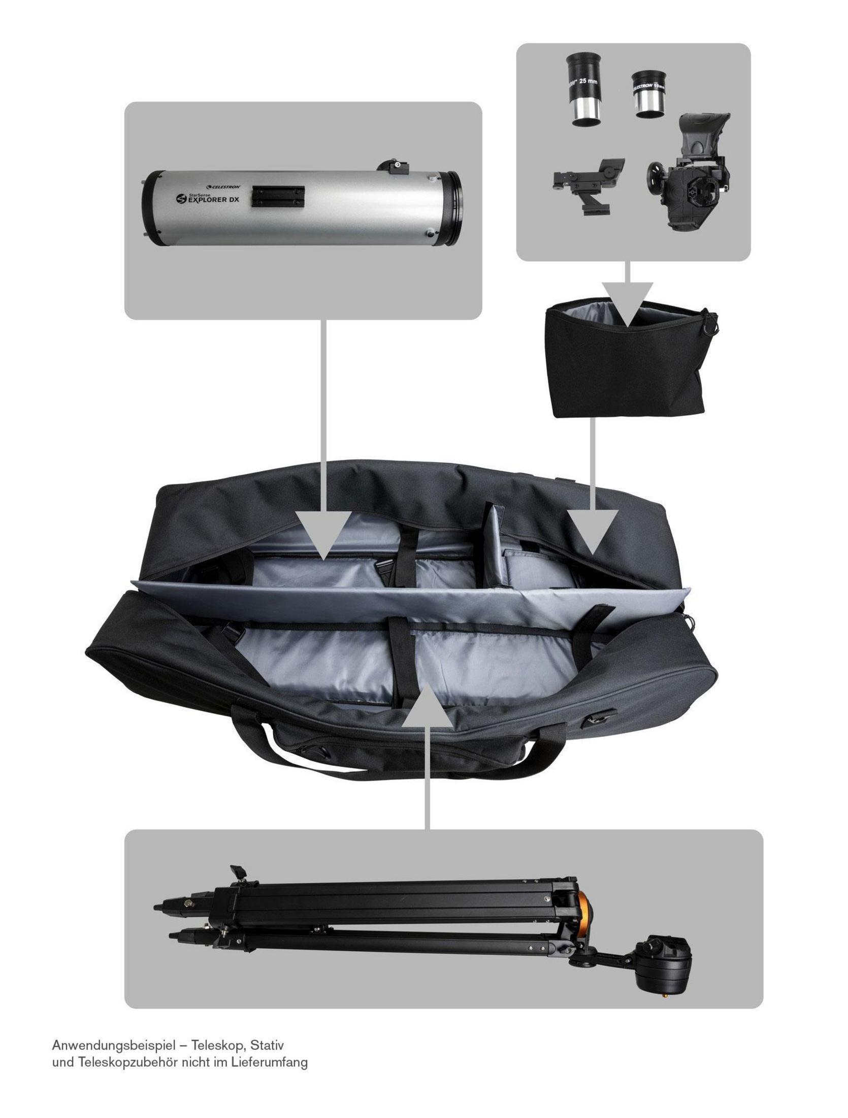 Ein silbernes Teleskop, Zubehör und eine schwarze Tasche werden gezeigt.