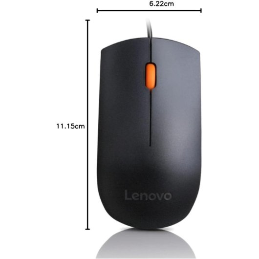 Black Lenovo mouse with orange scroll wheel, 11.15cm long, 6.22cm wide.