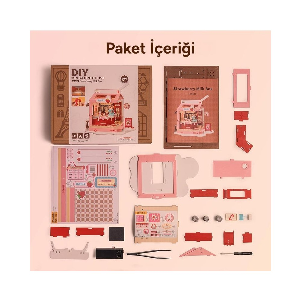 Parçalar ve talimatlarla DIY çilekli süt kutusu kiti.