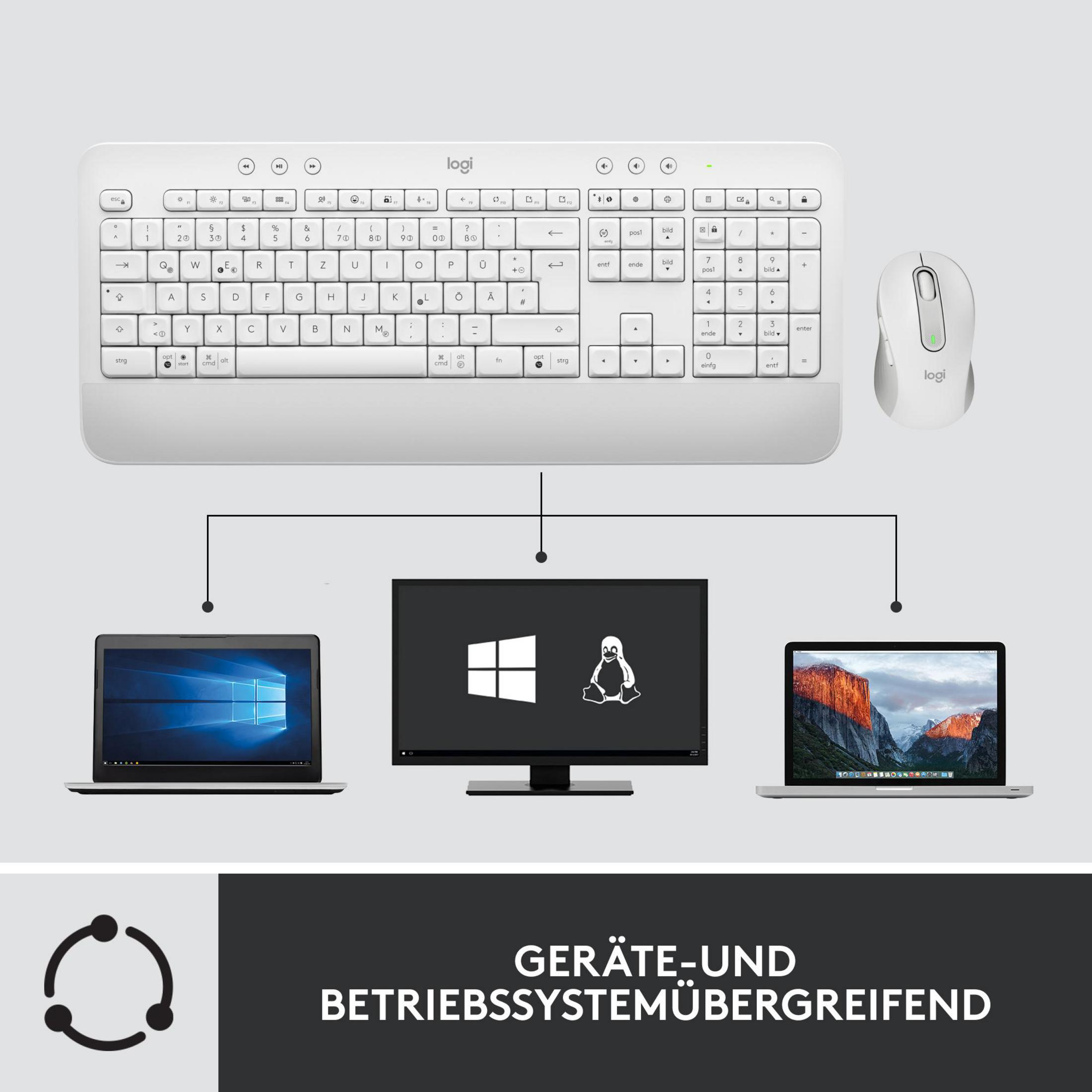 Tastiera, mouse Logitech bianchi e tre laptop con diversi sistemi operativi.