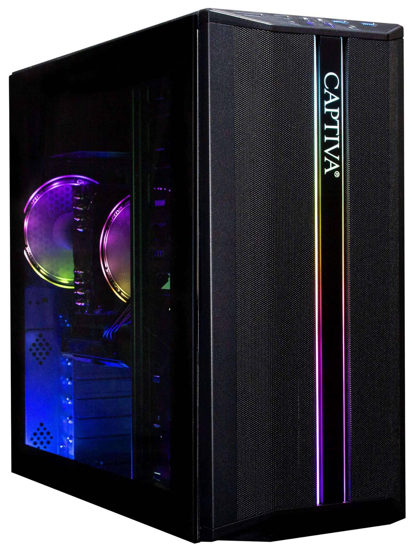 Schwarzes PC-Gehäuse mit beleuchteten Lüftern und RGB-Streifen.