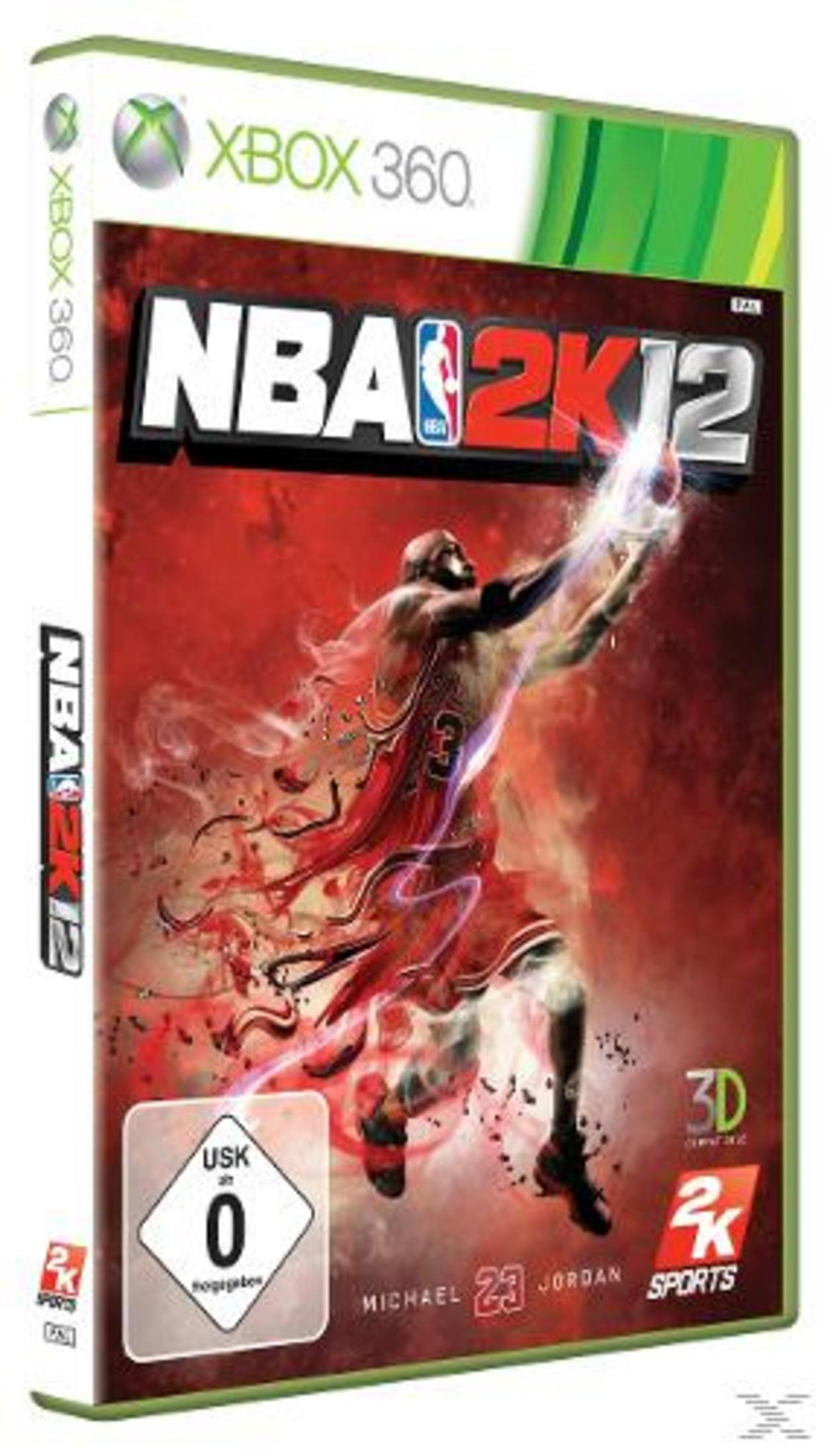 NBA 2K12 Cover für Xbox 360 mit Michael Jordan, der einen Korb wirft.