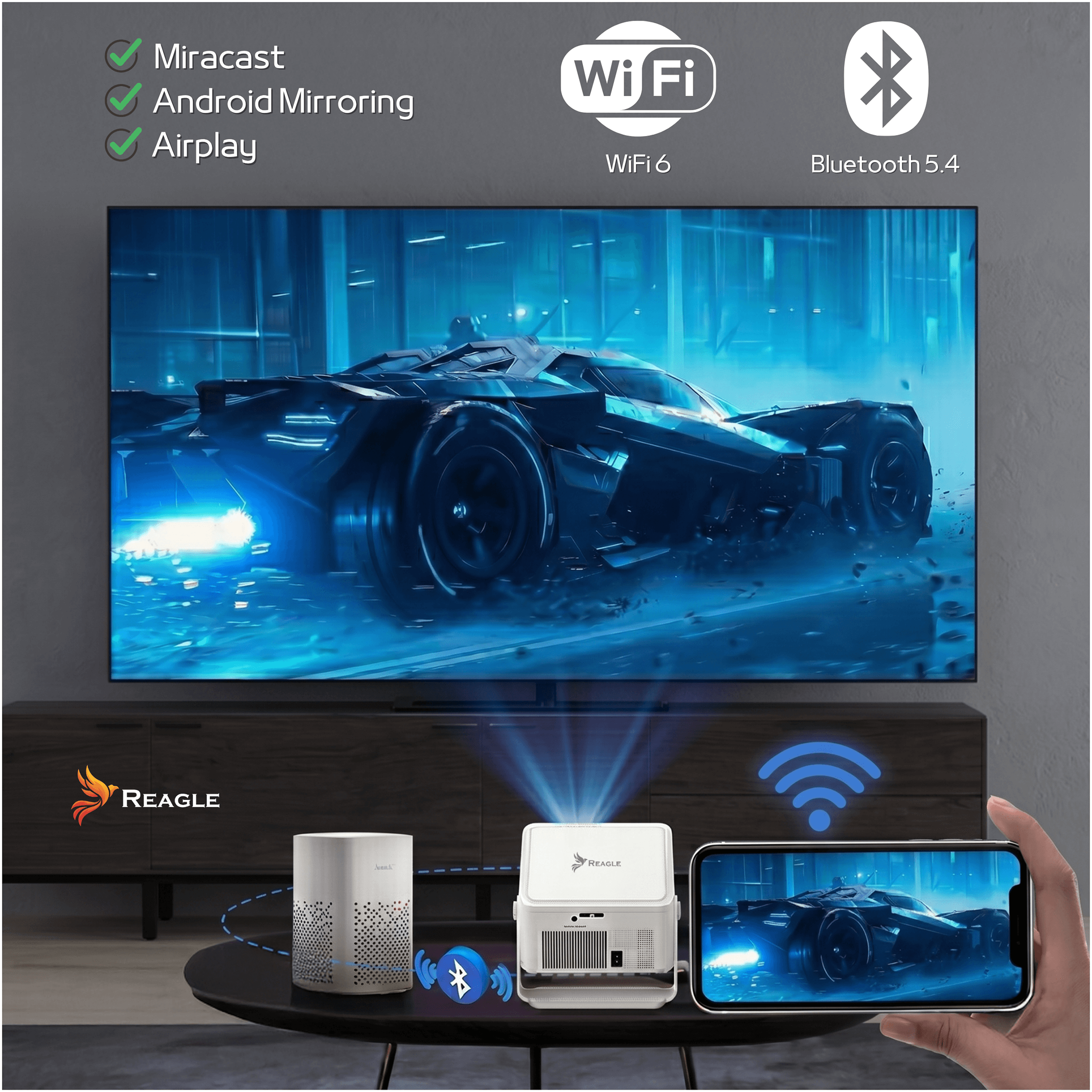 Projektor łączy się ze smartfonem pokazującym samochód. Wi-Fi i Bluetooth są aktywne.