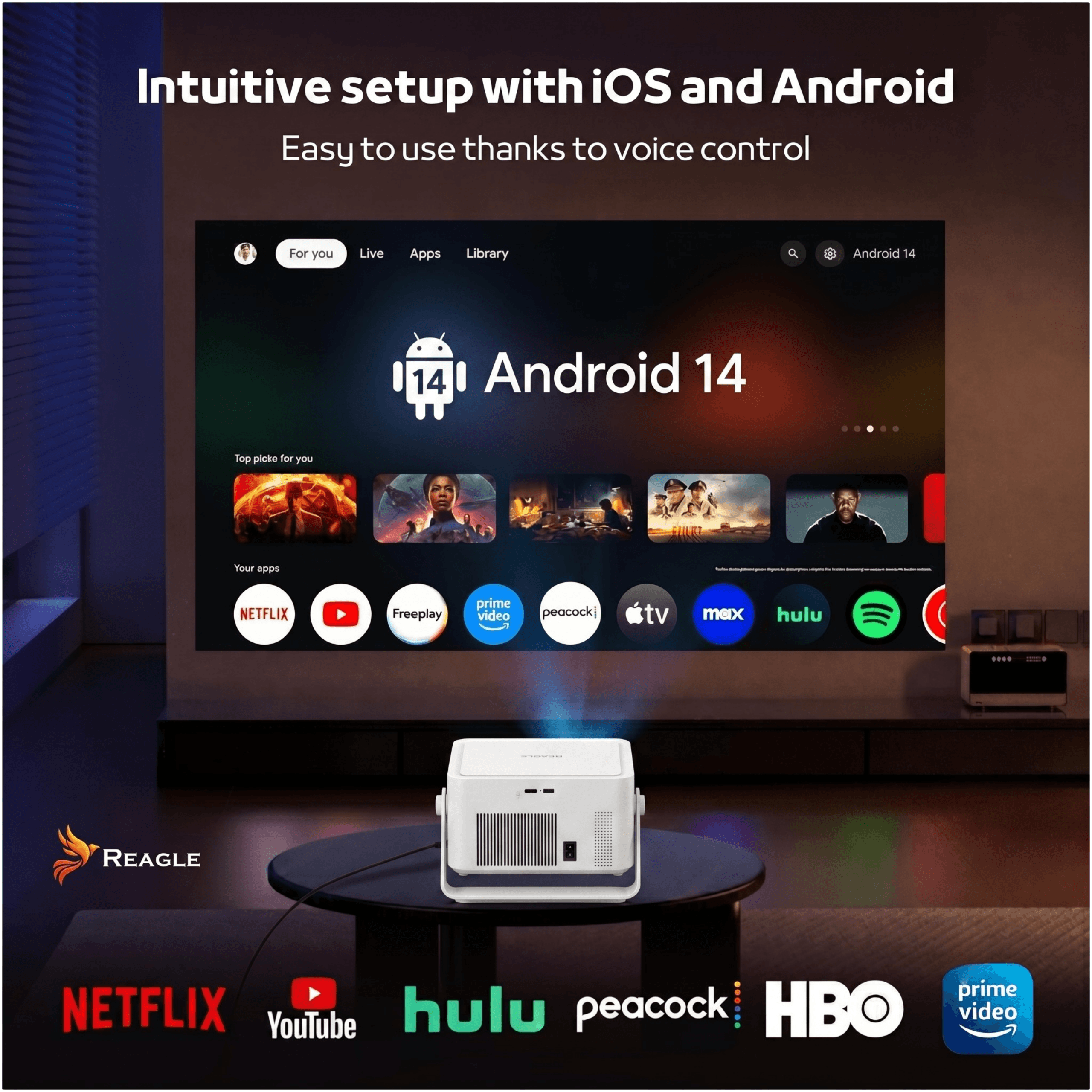 Projektor wyświetla Android 14 z aplikacjami takimi jak Netflix i YouTube.