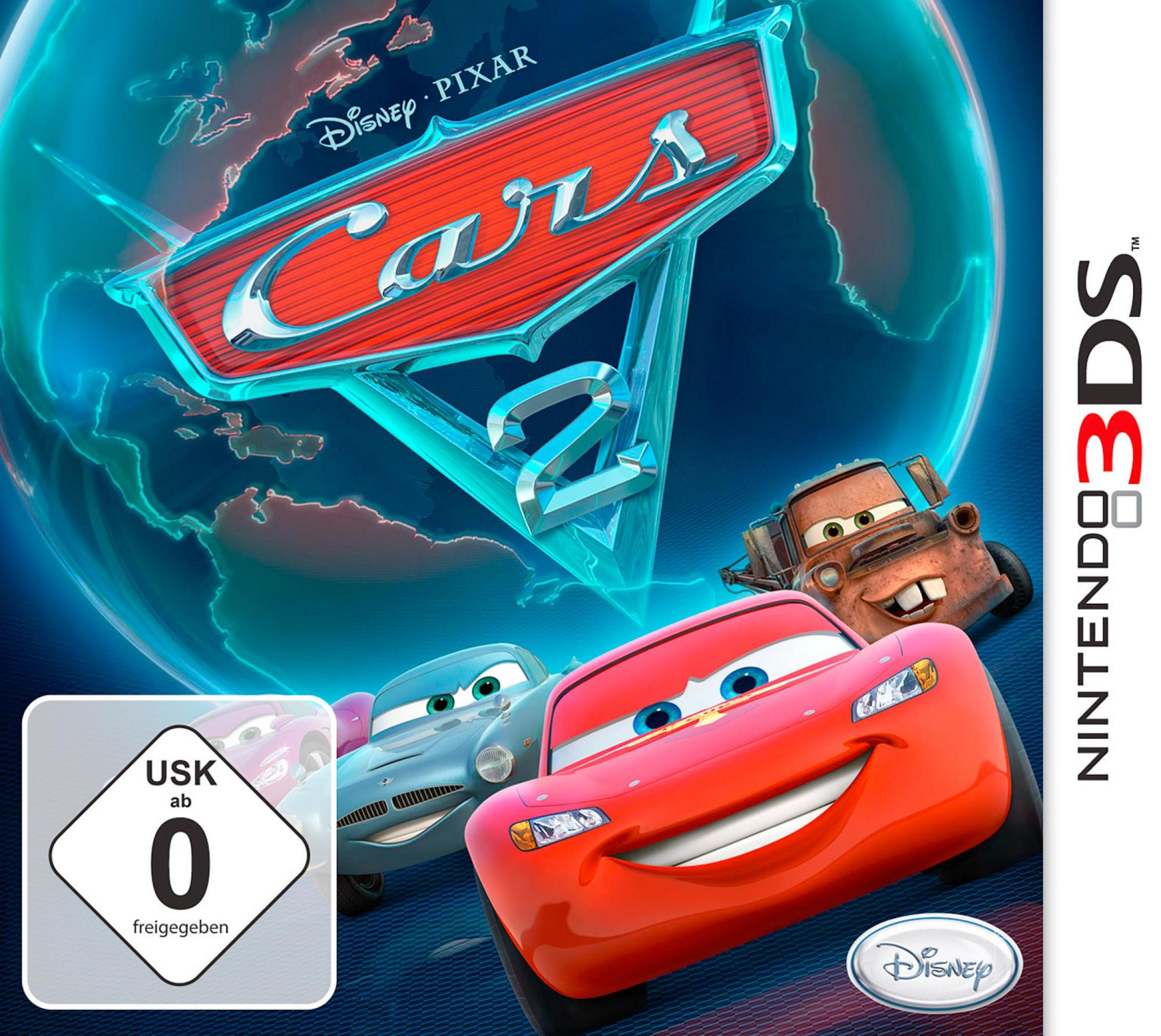 Cars 2 Nintendo 3DS Hülle mit Lightning McQueen, Hook und einem blauen Auto vor einer Weltkarte.