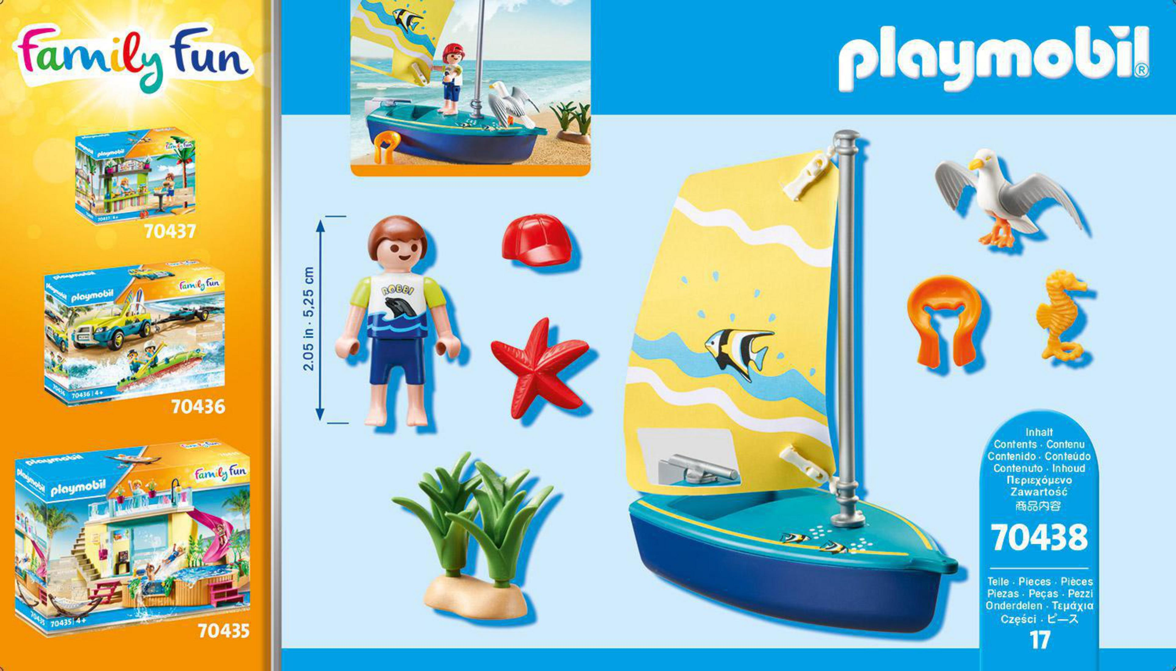 Barca a vela Playmobil con figura, stella marina, cavalluccio marino, uccello e piante.