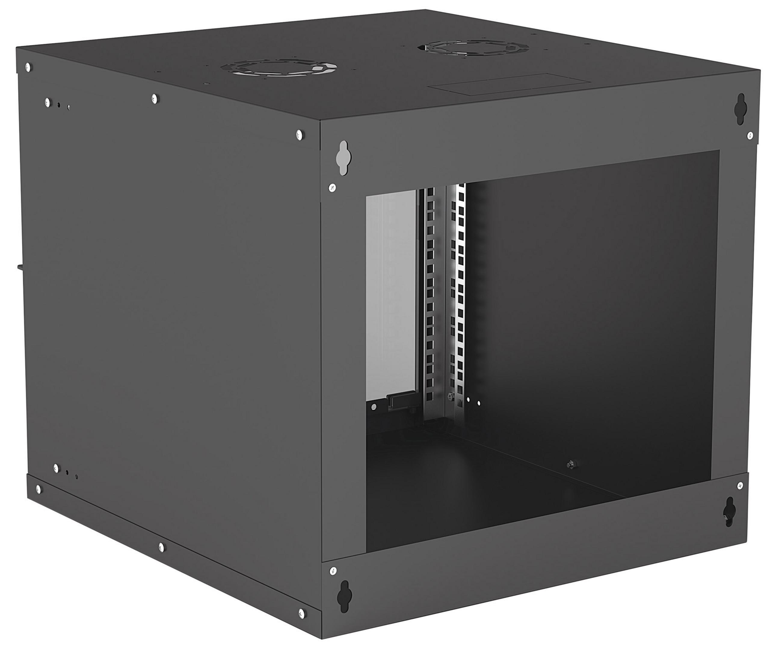 Ein schwarzer Serverschrank aus Metall mit offener Vorderseite und Montageschienen.