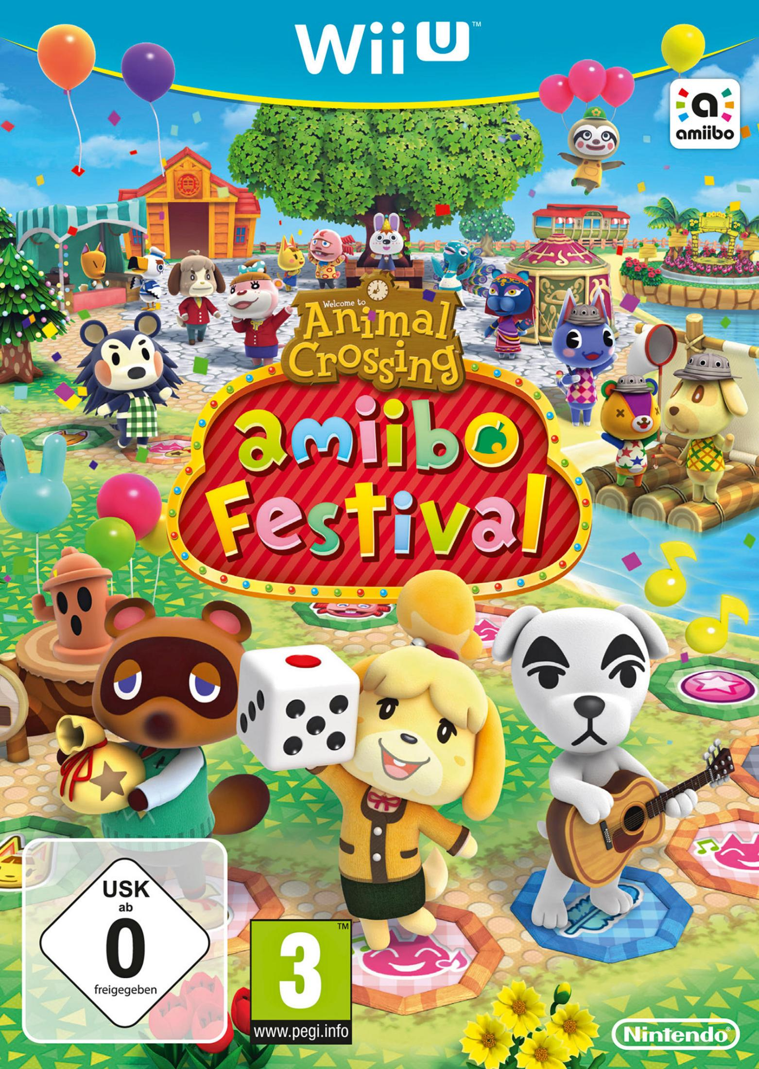 Copertina del gioco con logo Wii U, personaggi colorati, palloncini e il titolo Animal Crossing: Amiibo Festival.