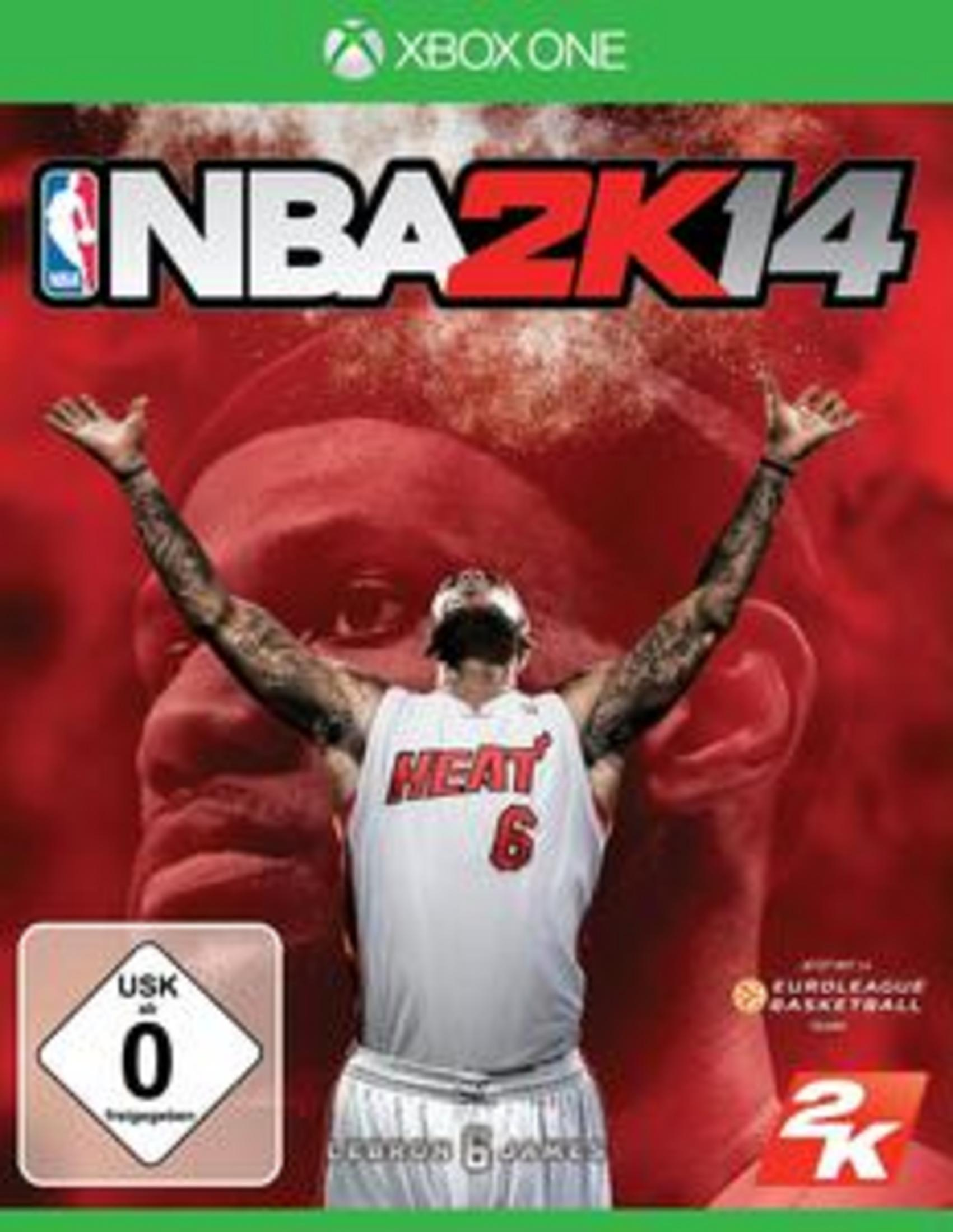 NBA 2K14 Spielcover mit LeBron James, der sein Trikot zeigt.