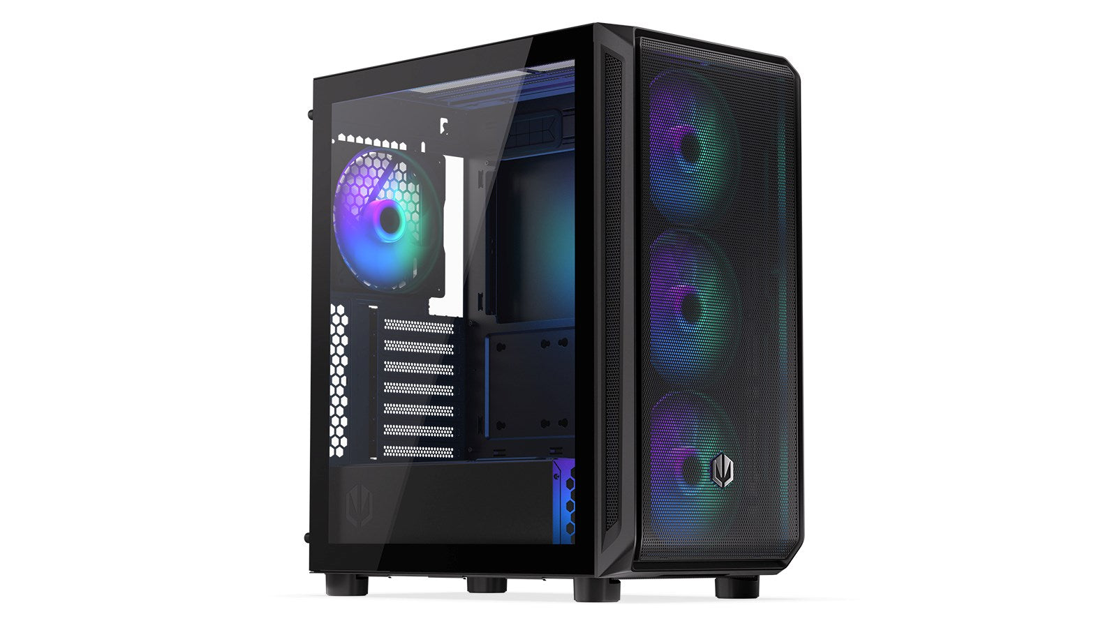 Case PC nero con pannello laterale in vetro e ventole RGB.