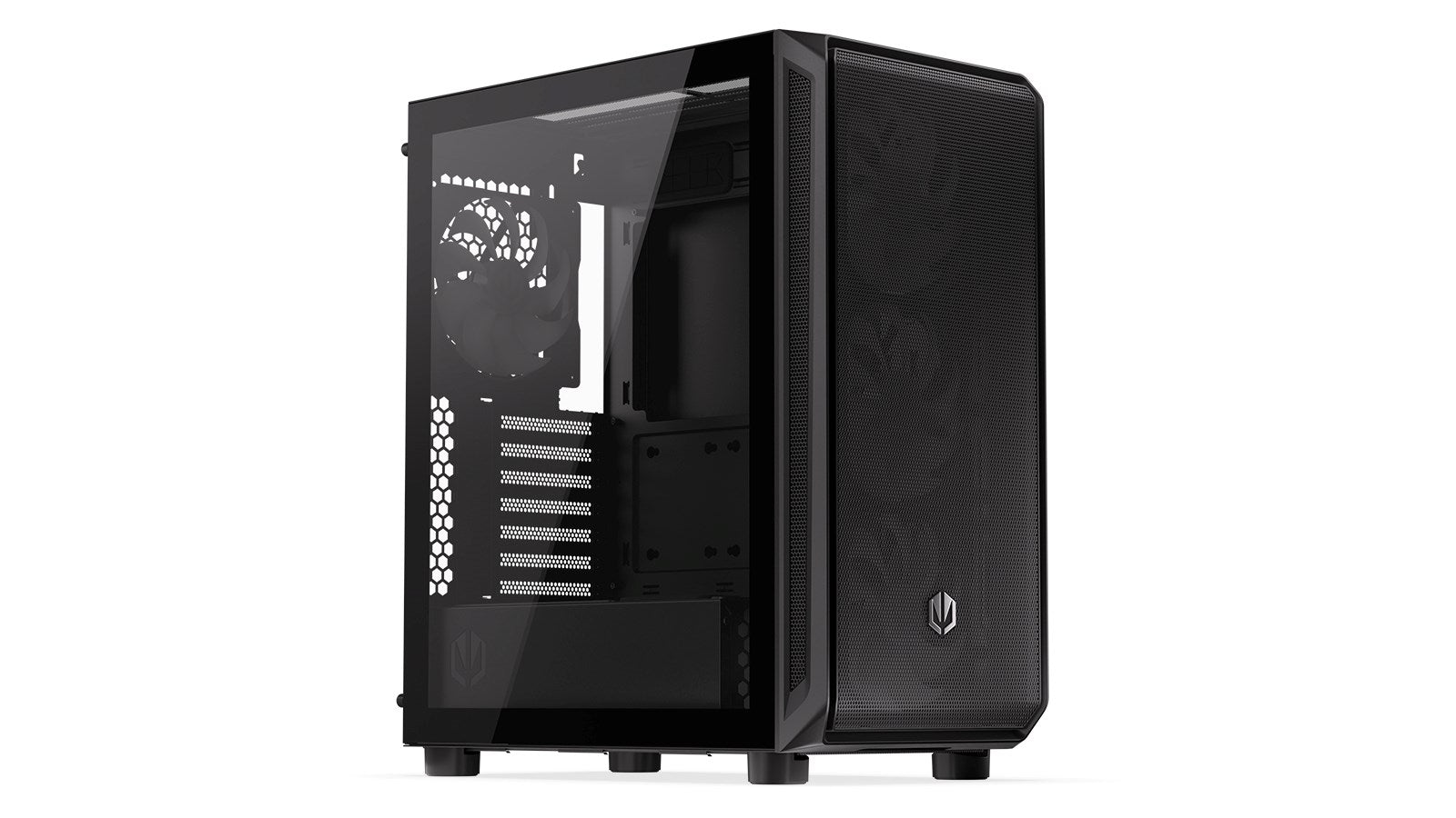 Un case PC nero con frontale in vetro e ventole, su sfondo bianco.
