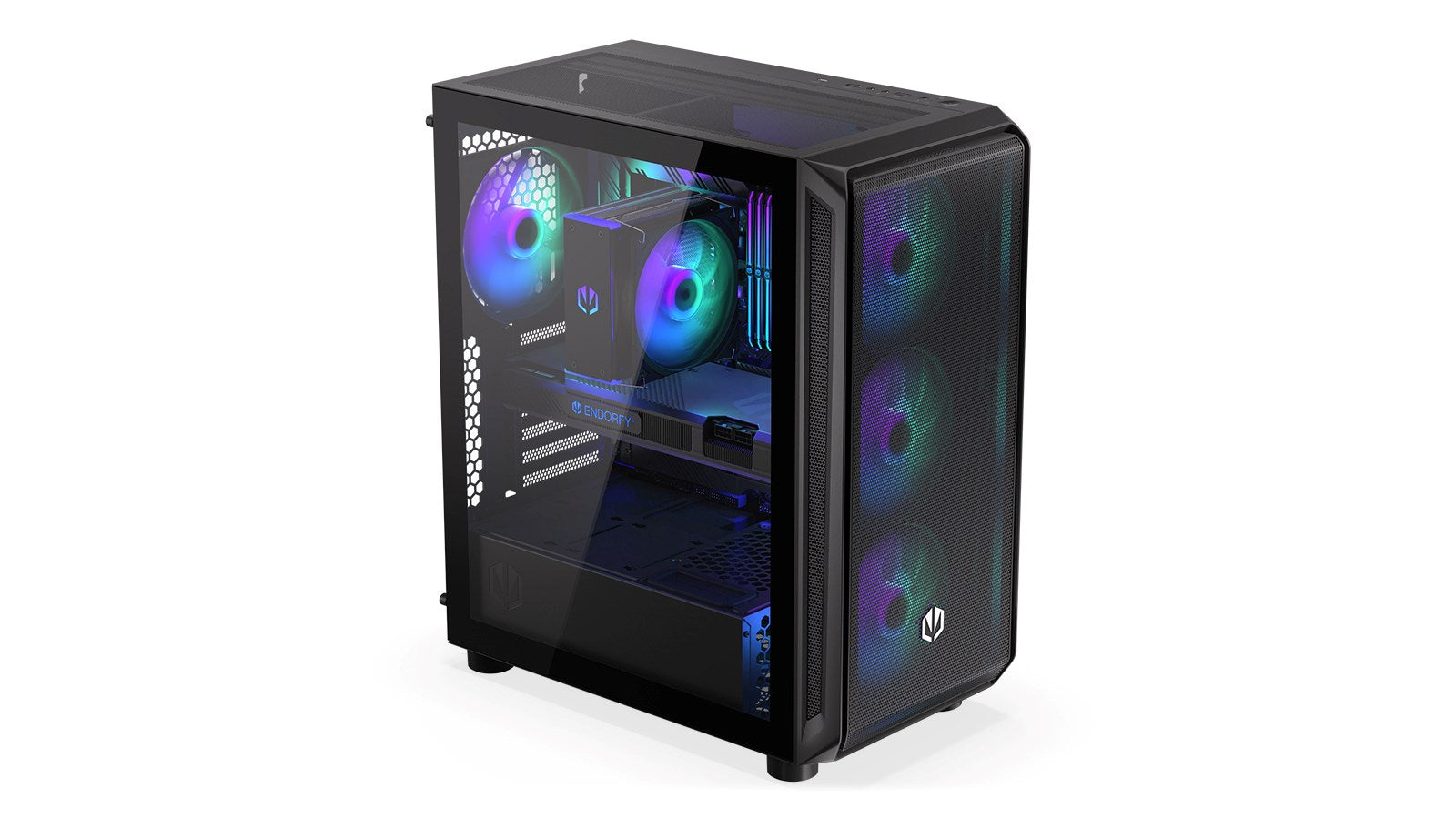 Un case per PC nero con finestra in vetro e ventole RGB.