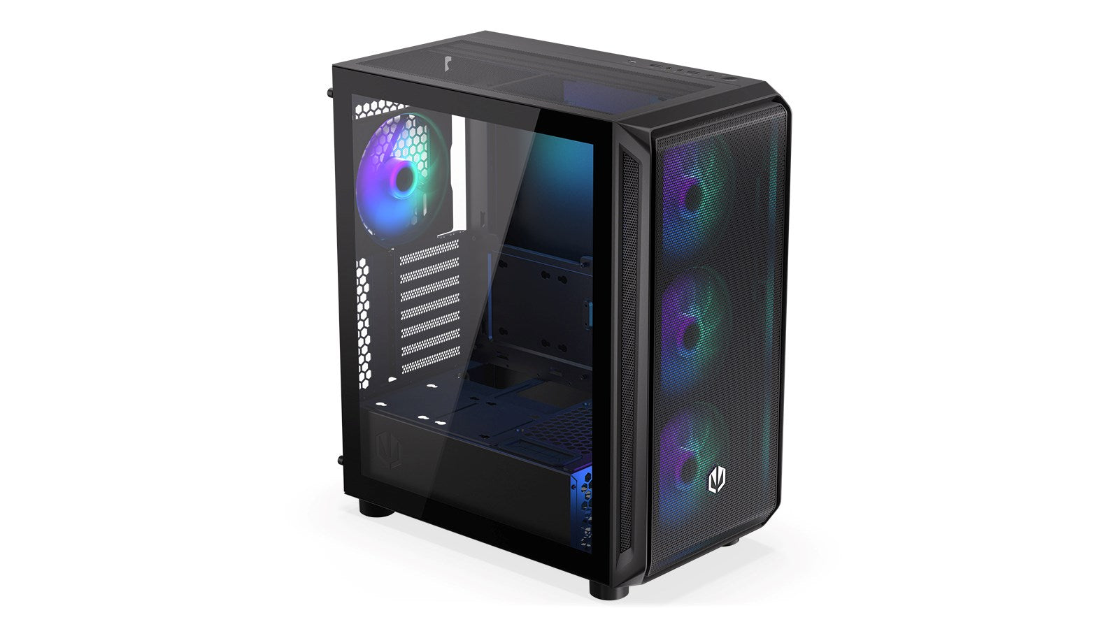 Case PC nero con pannello laterale in vetro e ventole RGB.