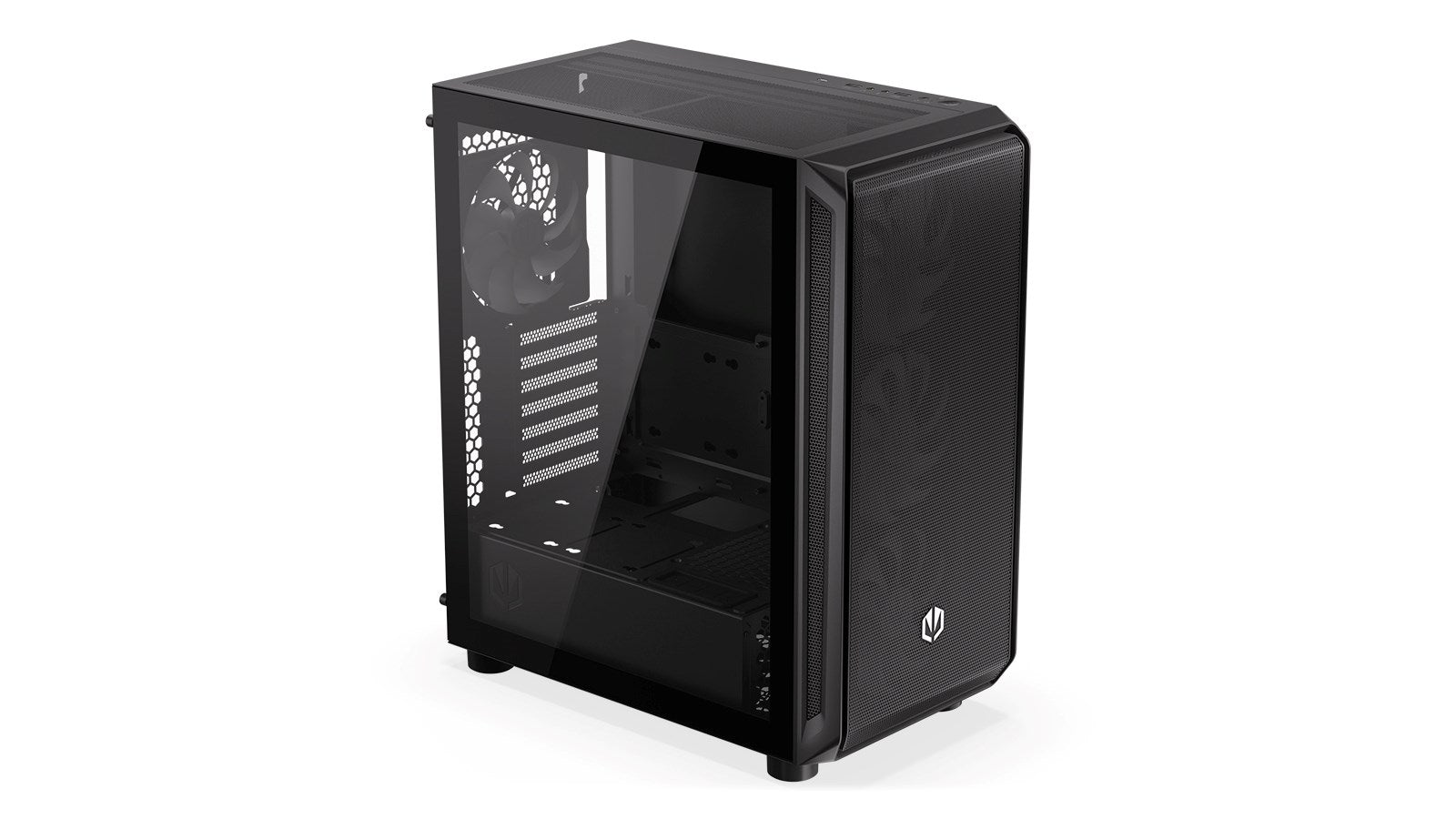 Case PC nero con pannello laterale in vetro e ventola.