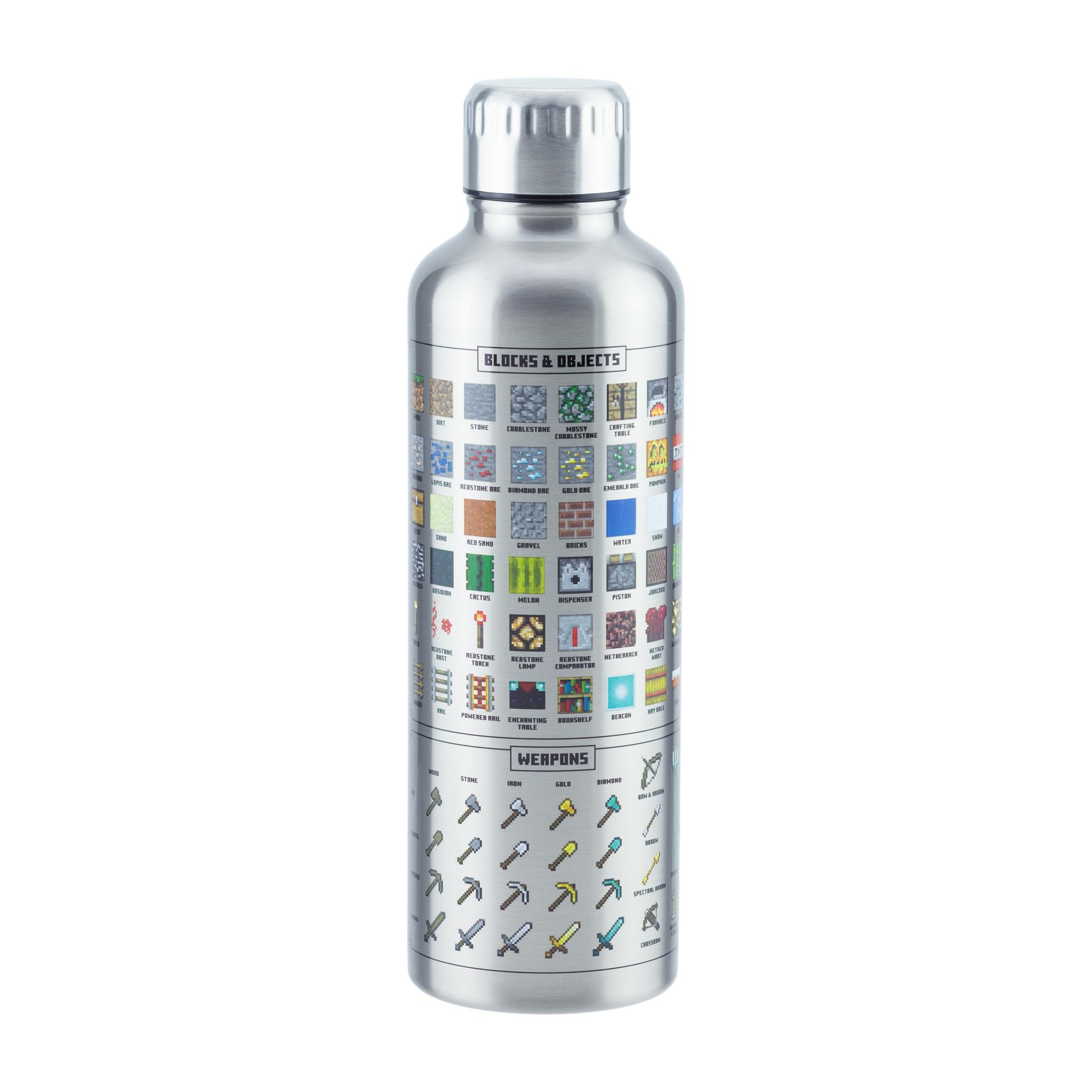 Botella de agua plateada con diseños de bloques y armas de Minecraft.