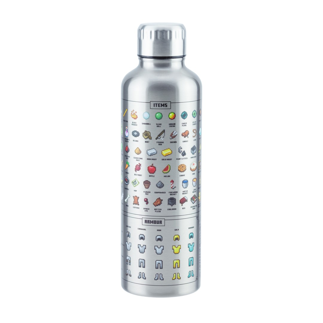 Botella de agua plateada con iconos pixelados de objetos y armaduras de Minecraft.
