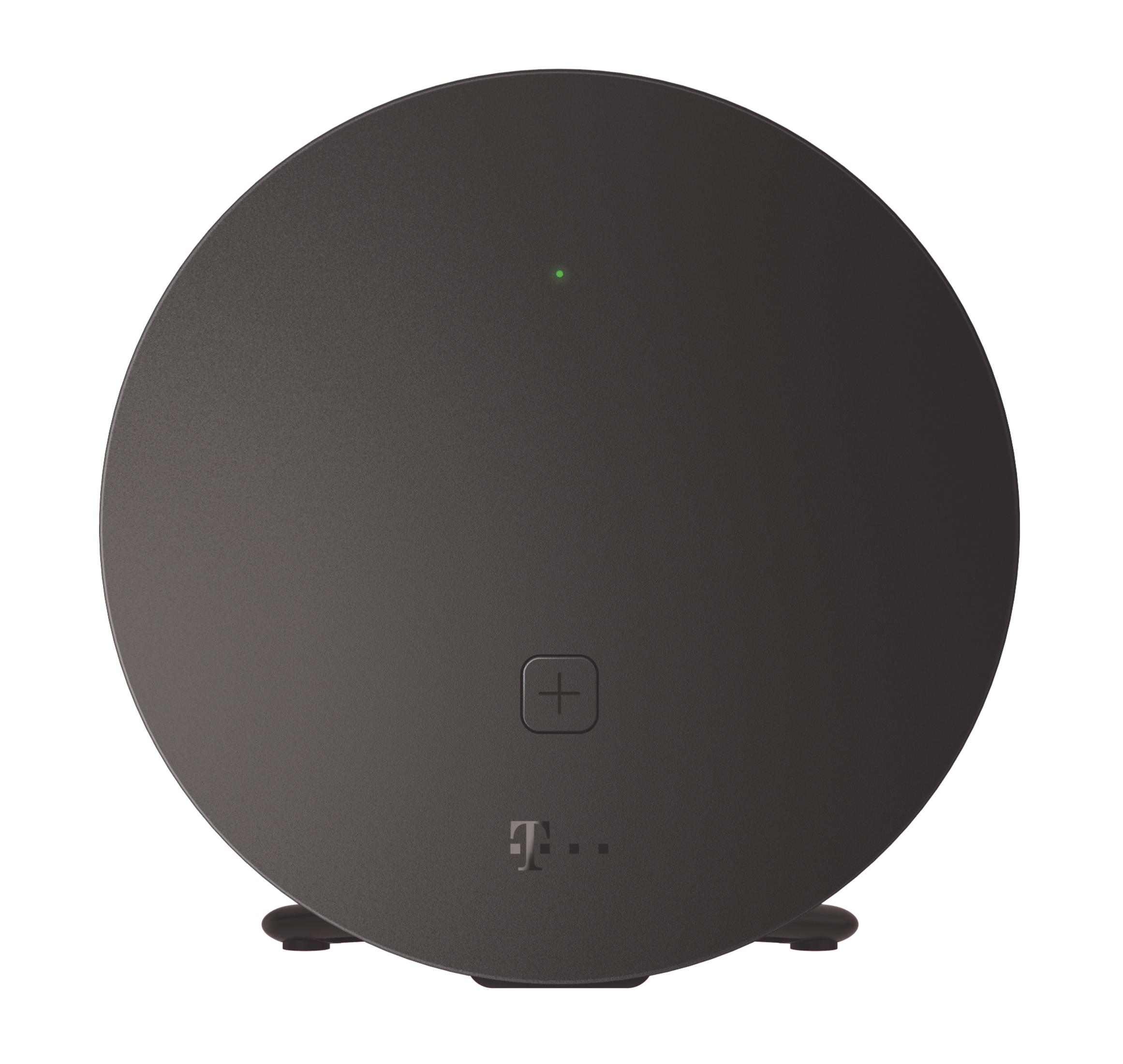 Zwarte ronde router met groen lampje en T-Mobile logo.