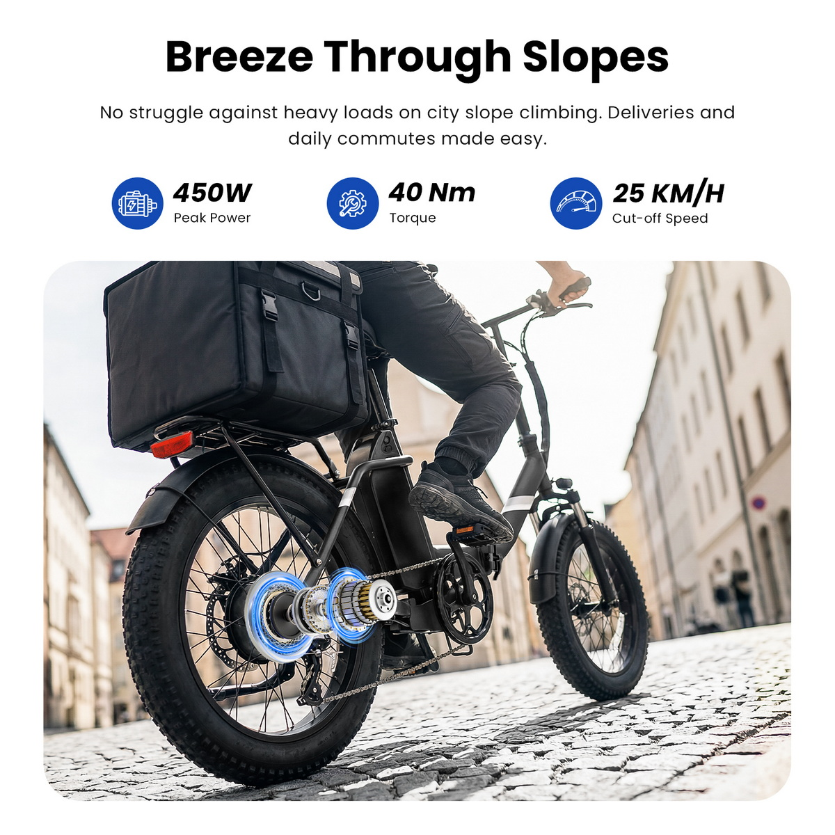 Mann fährt E-Bike mit großer Tasche auf Kopfsteinpflaster. 450W, 40Nm, 25km/h.