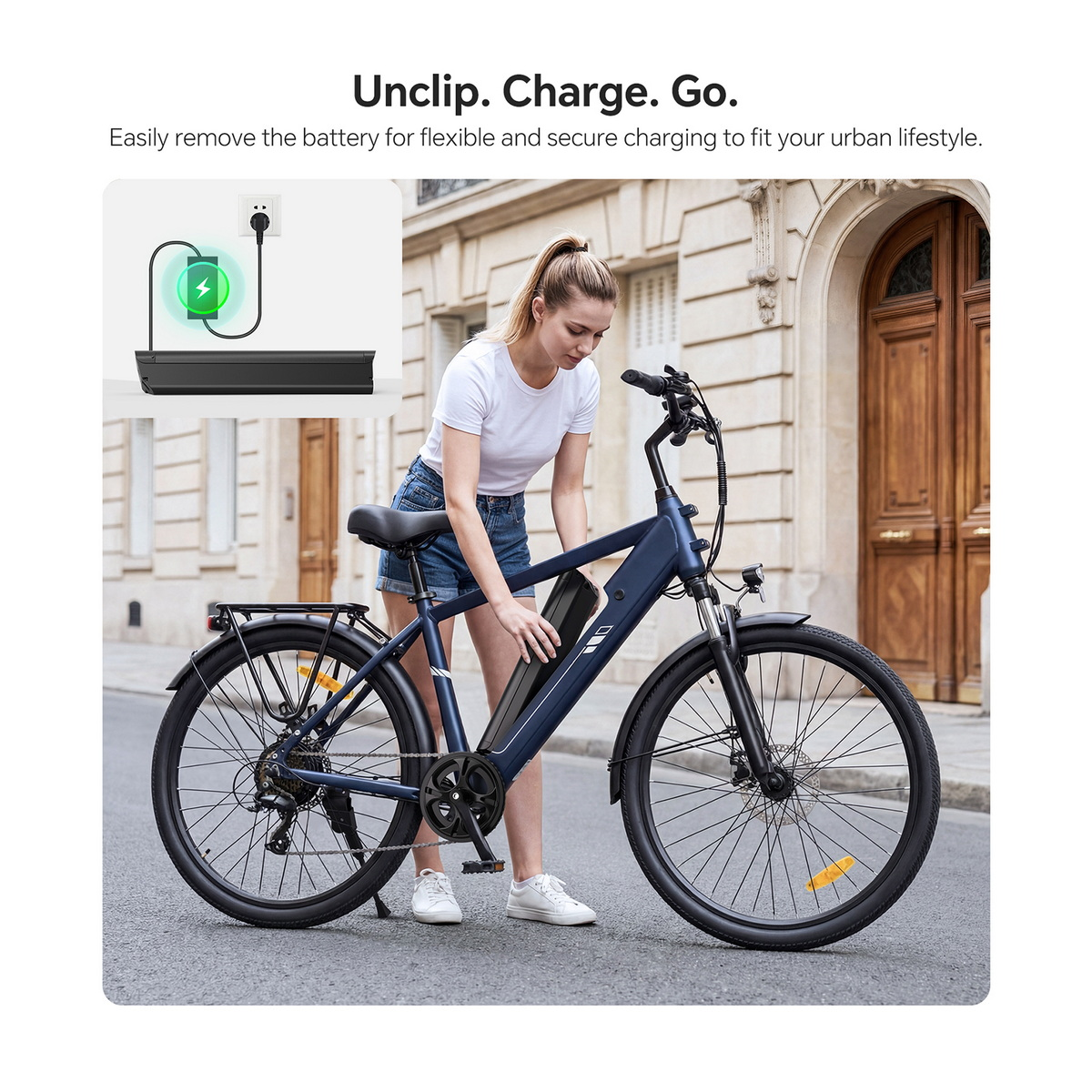Kobieta odpina niebieską baterię roweru elektrycznego. Wstawka pokazuje ładowanie.