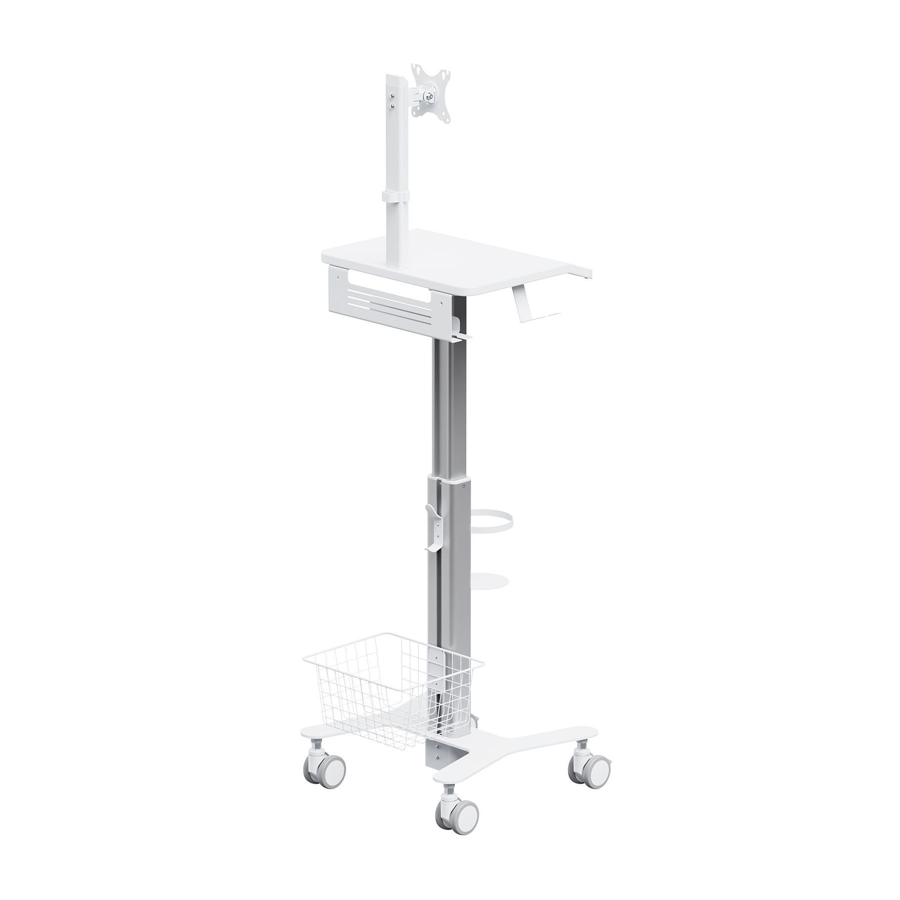 Soporte blanco móvil para portátil con soporte para monitor, bandeja y cesta.