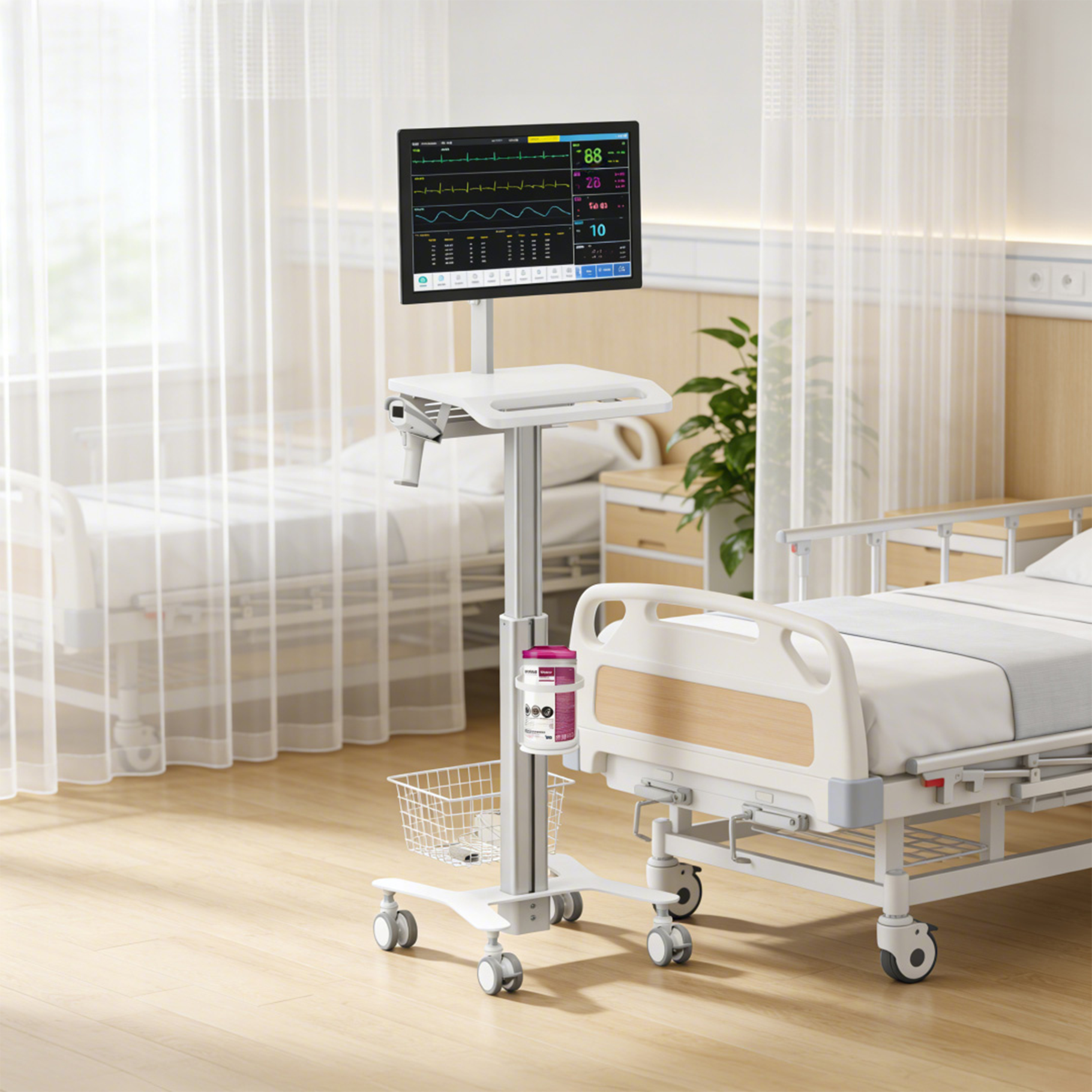 Un monitor médico en un soporte en una habitación de hospital con camas.