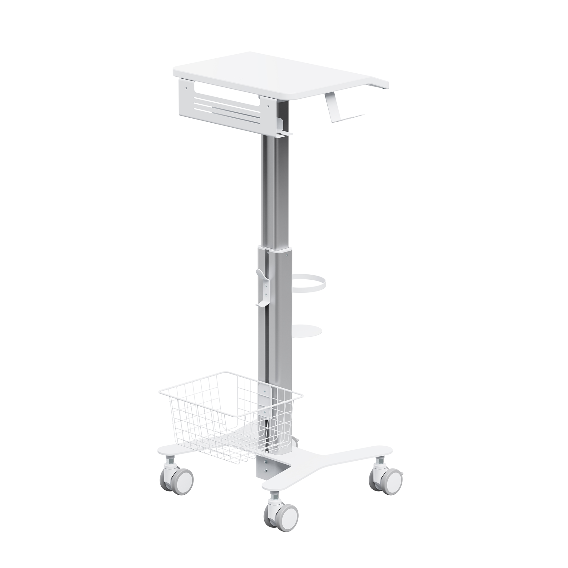 Carrello bianco su ruote con asta metallica regolabile, vassoio e cestello.