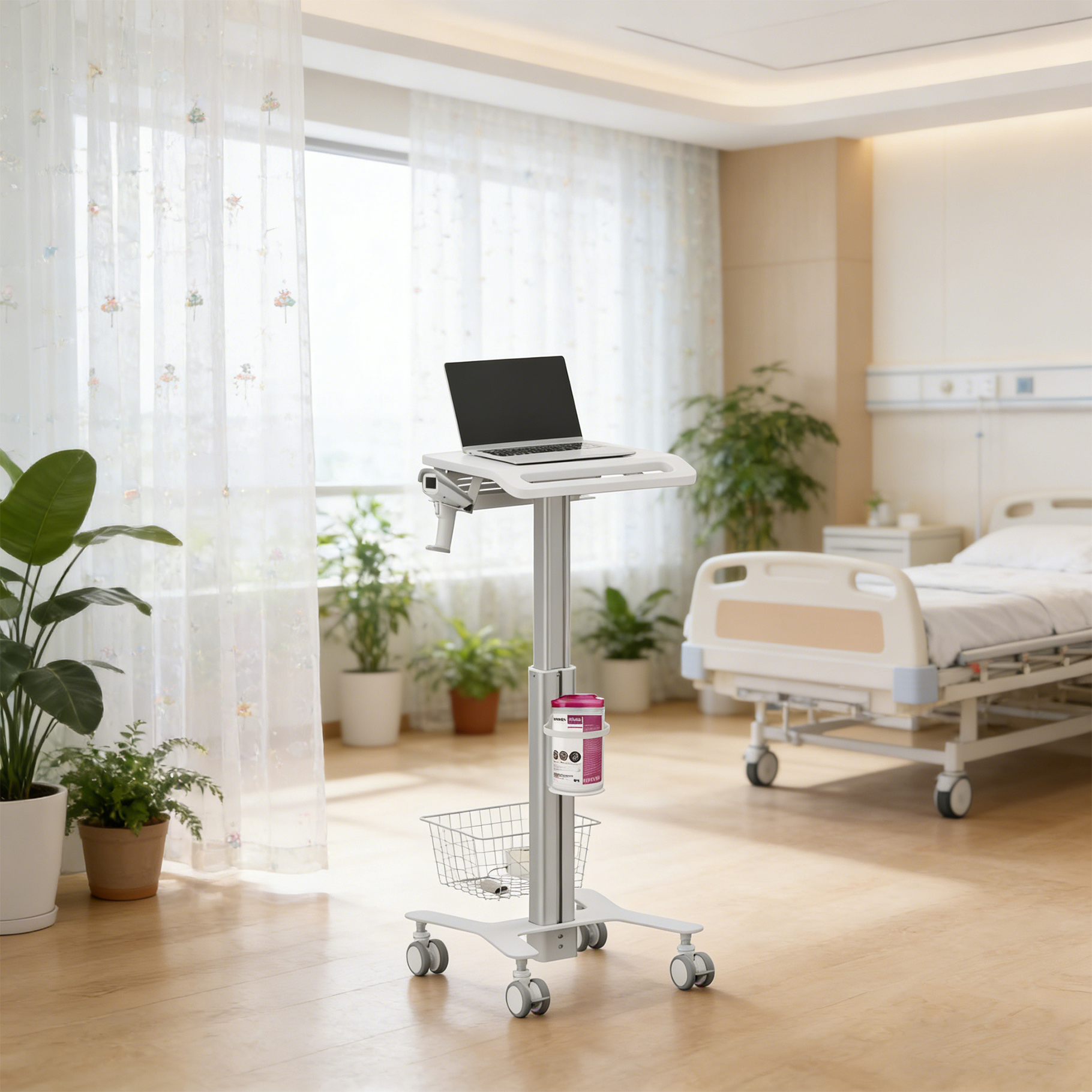 Un laptop su un supporto mobile in una stanza d'ospedale con un letto sullo sfondo.