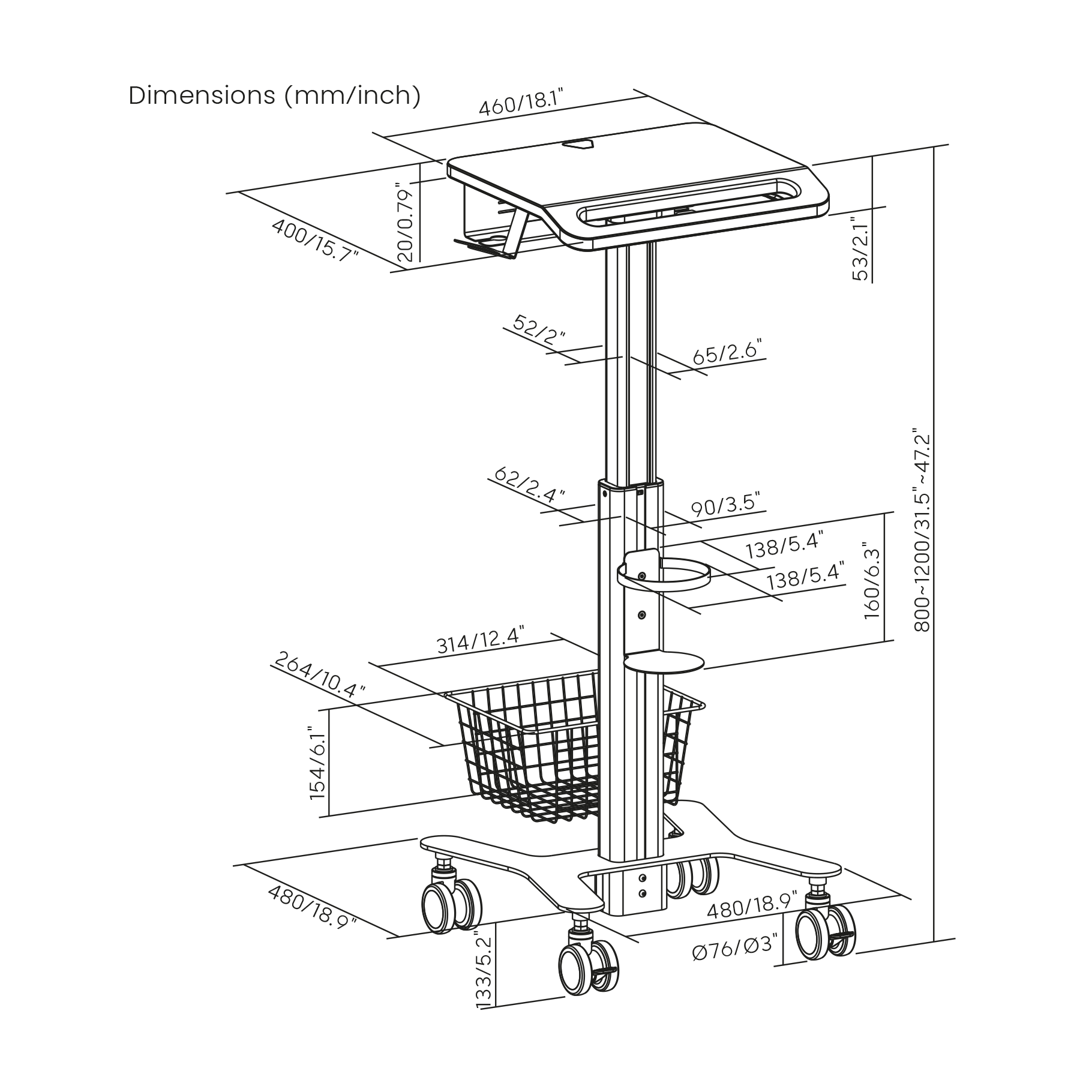 Diagramma che mostra le dimensioni di un carrello medico su ruote ad altezza regolabile.