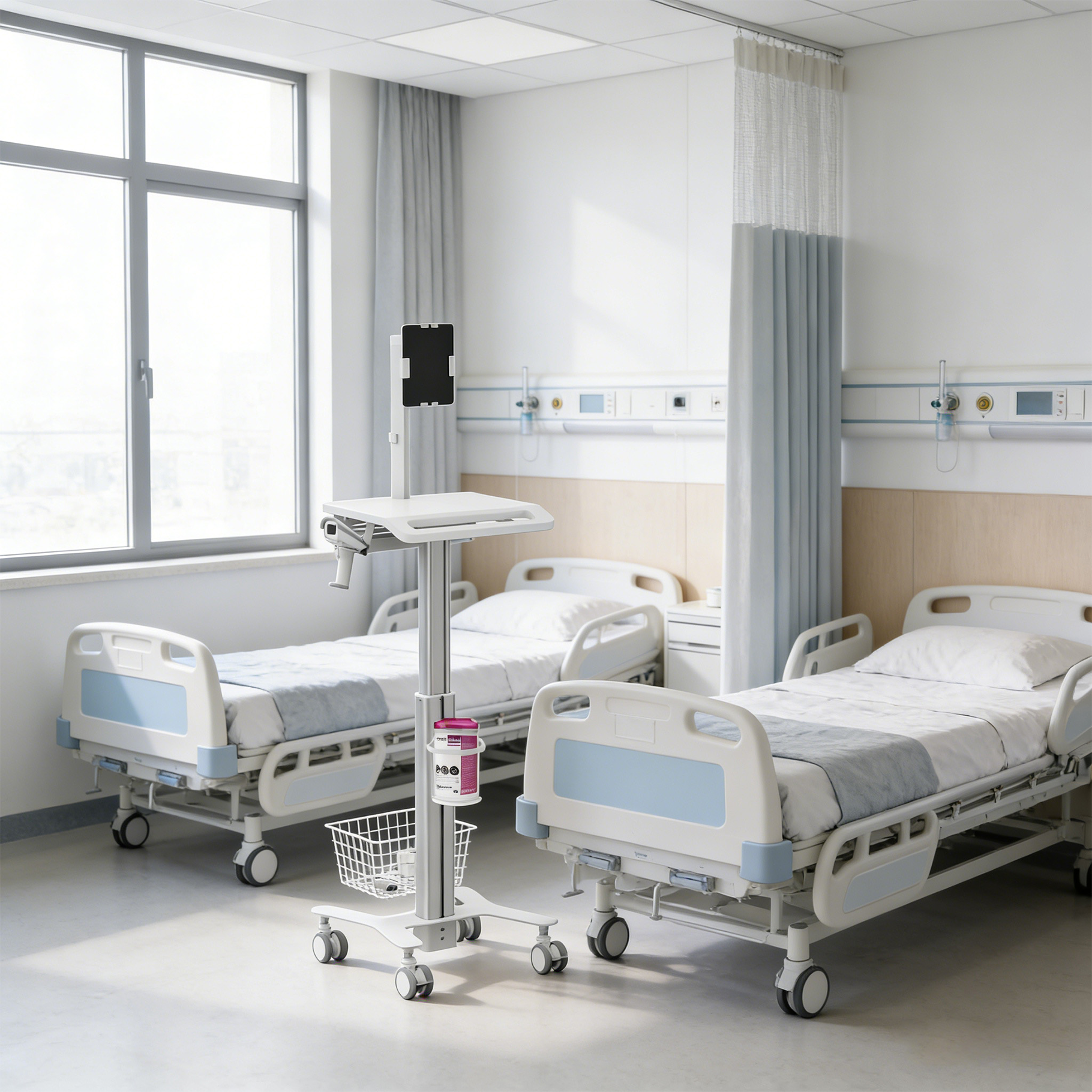 Una habitación de hospital con dos camas, un soporte para suero y una ventana grande.