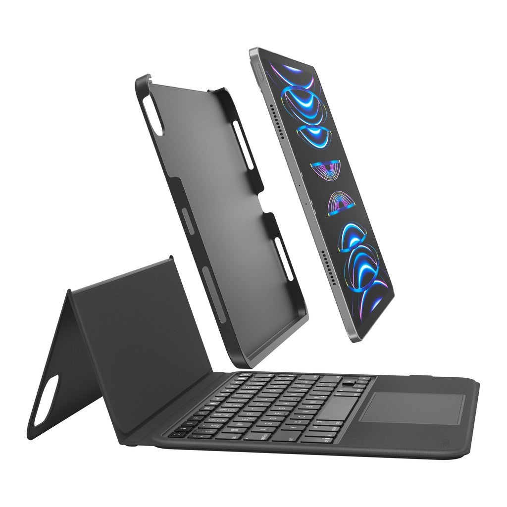 Ein Tablet mit Tastaturhülle und abnehmbarer Rückseite auf weißem Hintergrund.