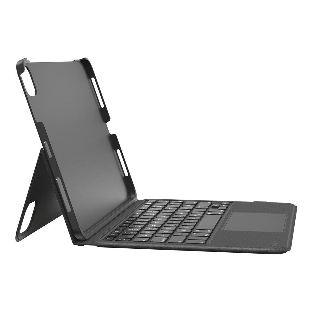 Schwarze Tablet-Hülle mit Tastatur und integriertem Touchpad, aufgestellt.