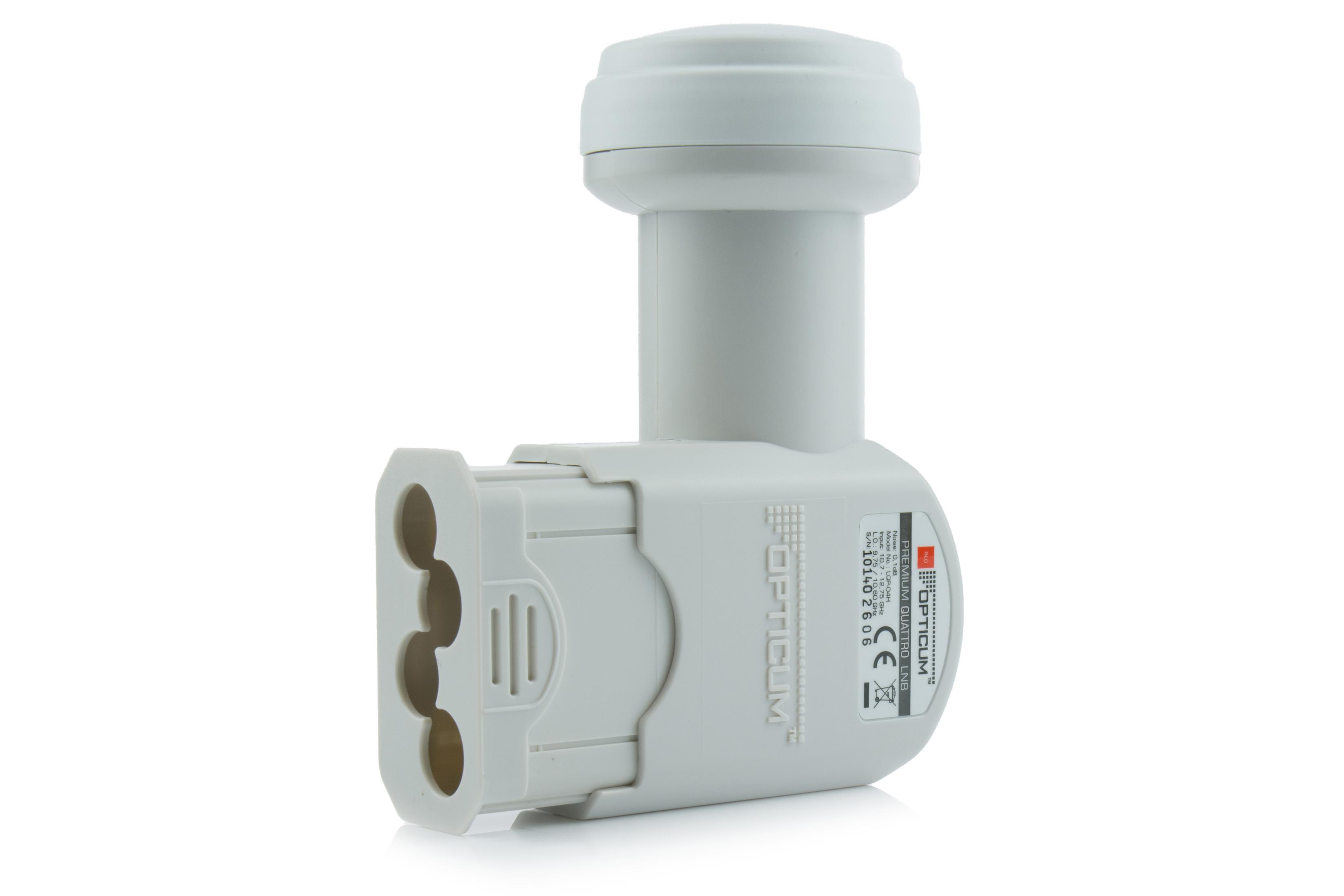 Ein grauer LNB mit Anschlüssen und Beschriftung.