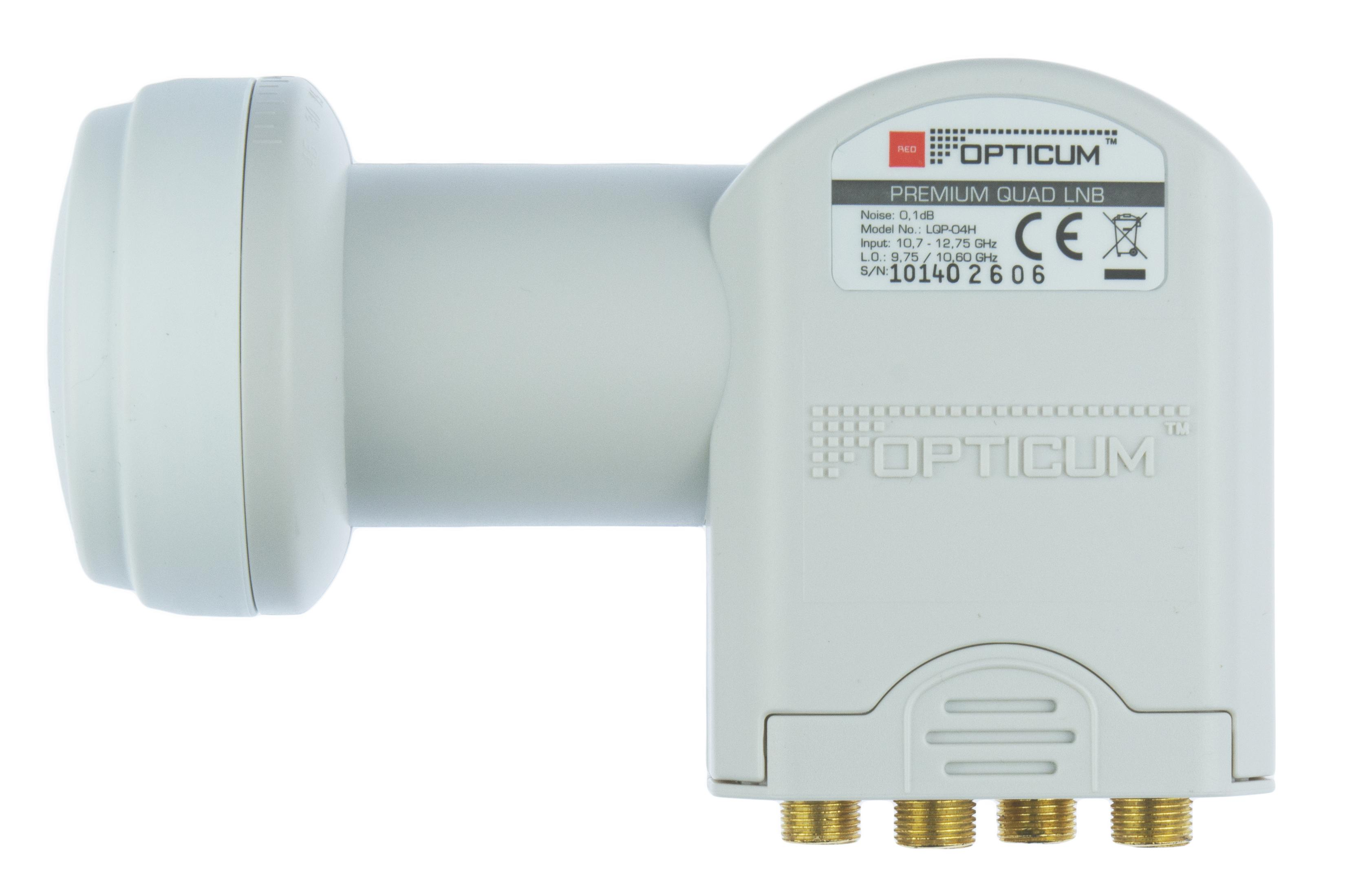 Ein weißer LNB mit Opticum-Logo und technischen Daten, drei goldene Anschlüsse.