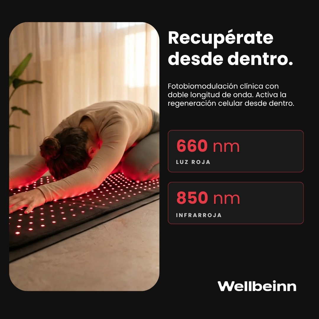 Una mujer en postura de yoga sobre una esterilla con luces rojas. Texto sobre fotobiomodulación.