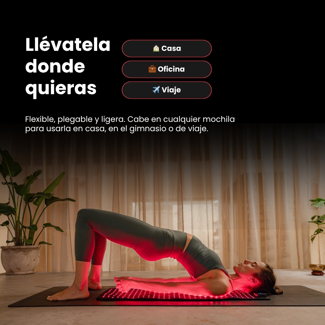 Una mujer hace puente en una esterilla con luces rojas debajo.