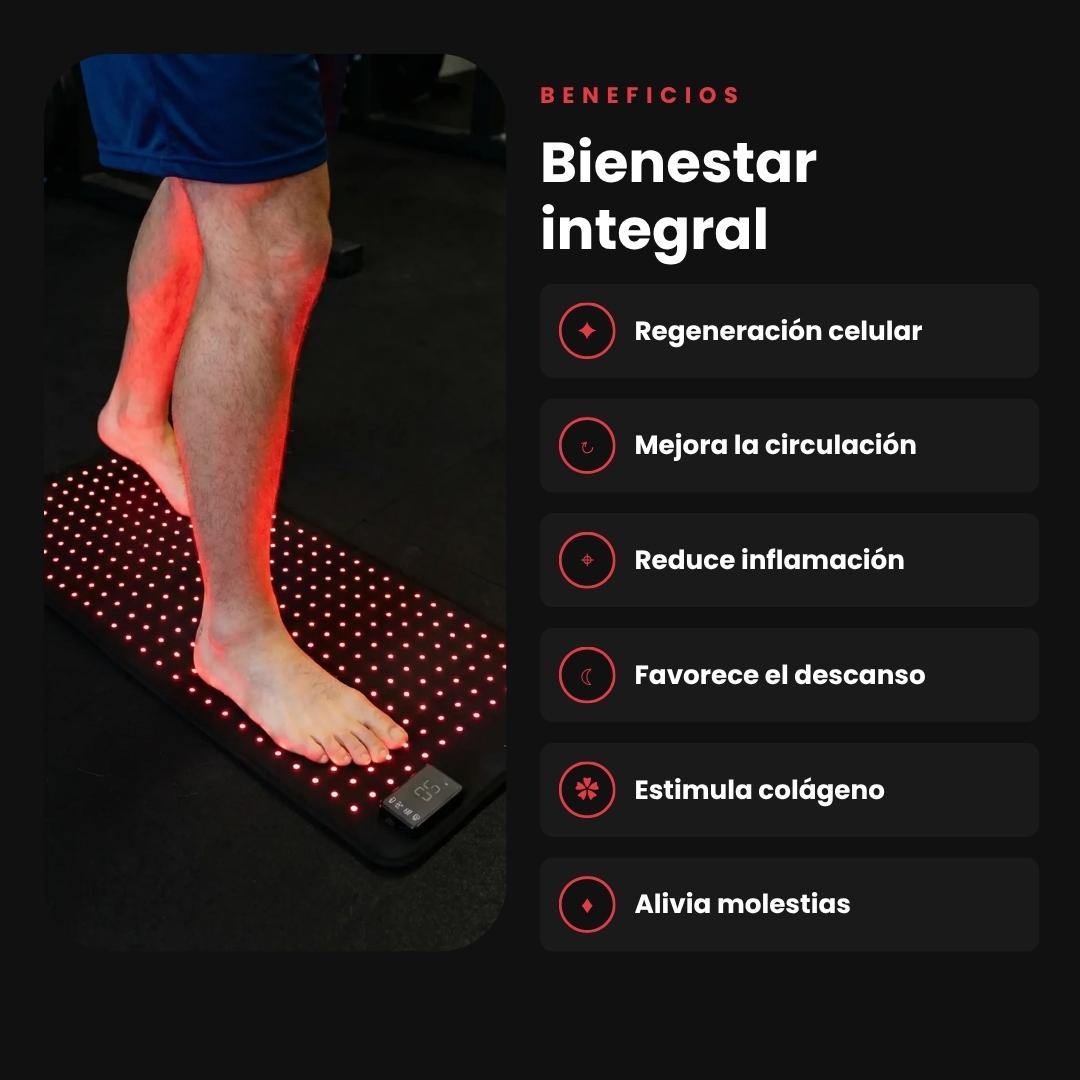 Hombre sobre alfombra LED roja; texto enumera beneficios.