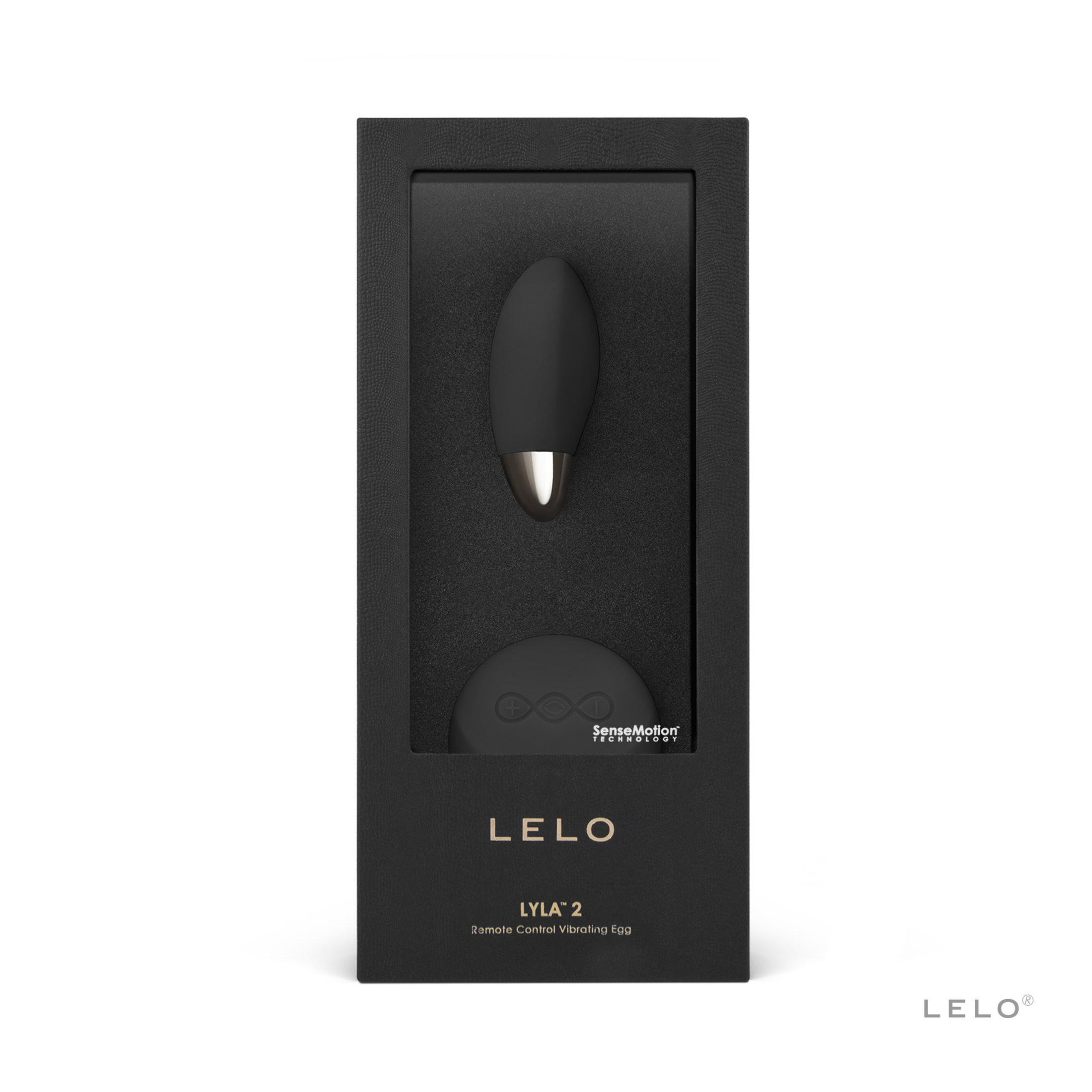 Huevo vibrador LELO LYLA 2 con control remoto, negro, en caja negra.