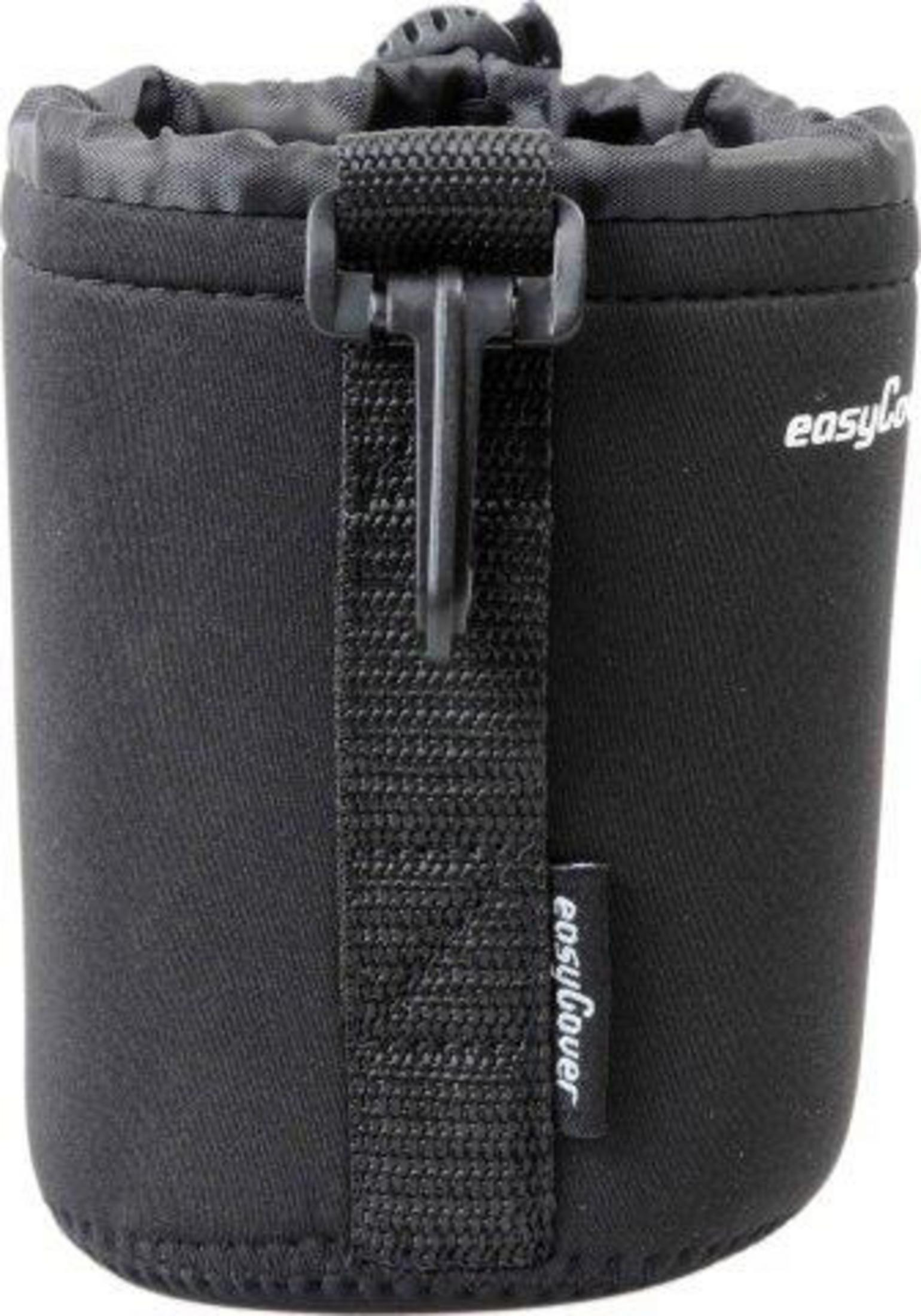 Black drawstring camera pouch with a clip. Logo on the side.