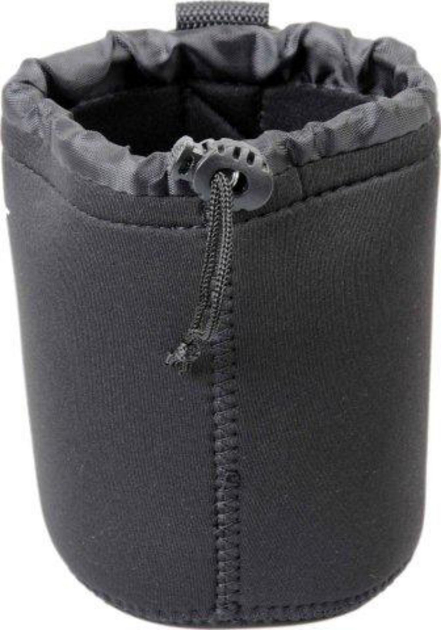 A black neoprene pouch with a drawstring and zipper closure.