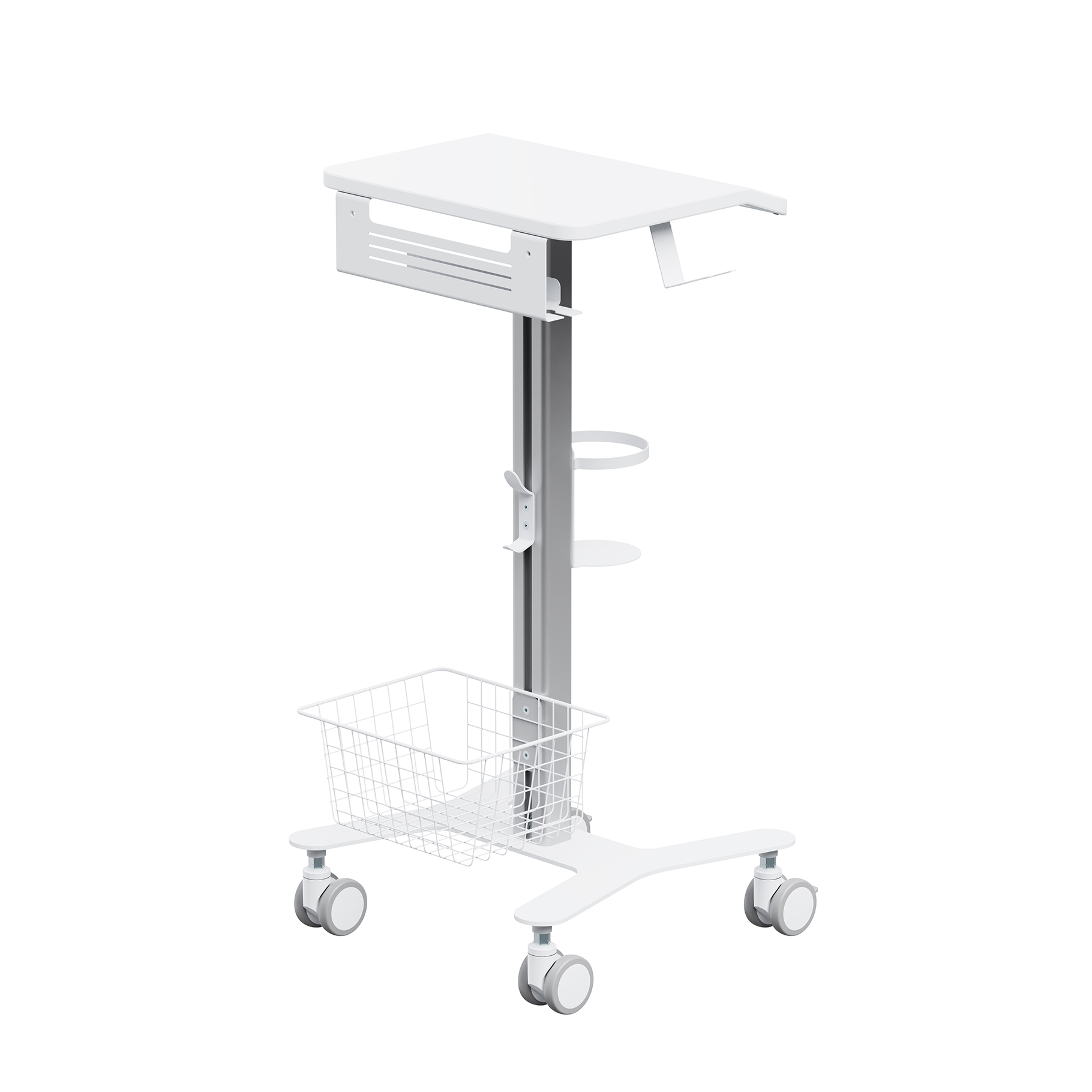 Un carrello medico bianco con cestino, portabicchieri e ruote.