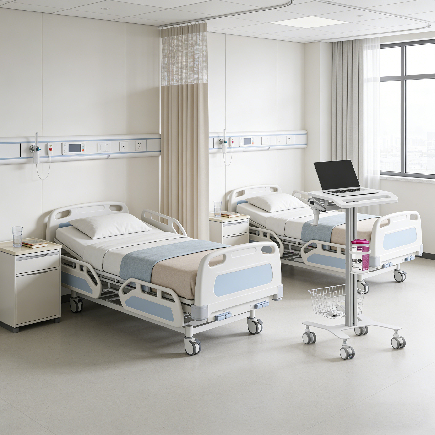 Due letti d'ospedale vuoti con comodini e un laptop su un carrello.