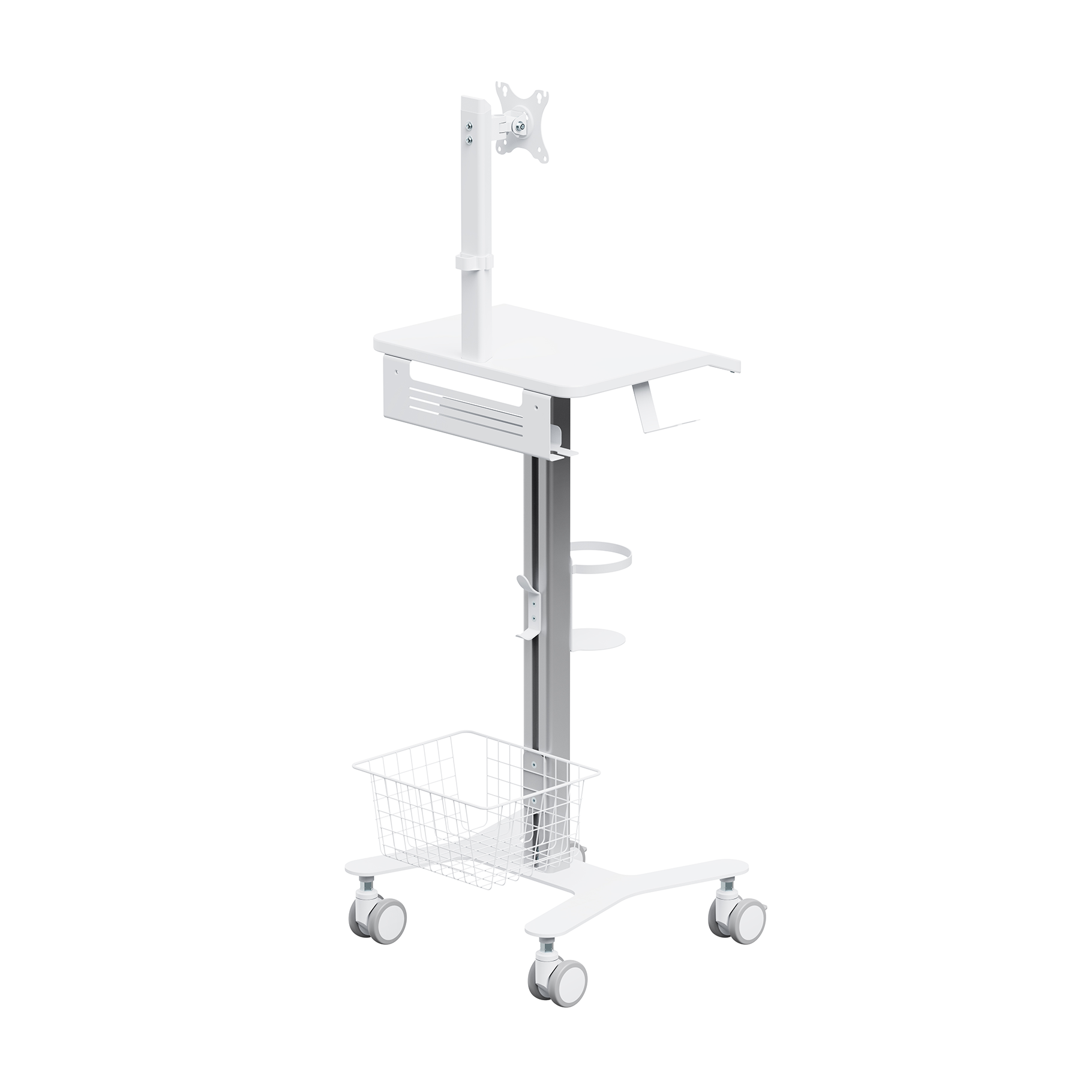 Un soporte móvil blanco con brazo para monitor, bandeja, cesta y ruedas.