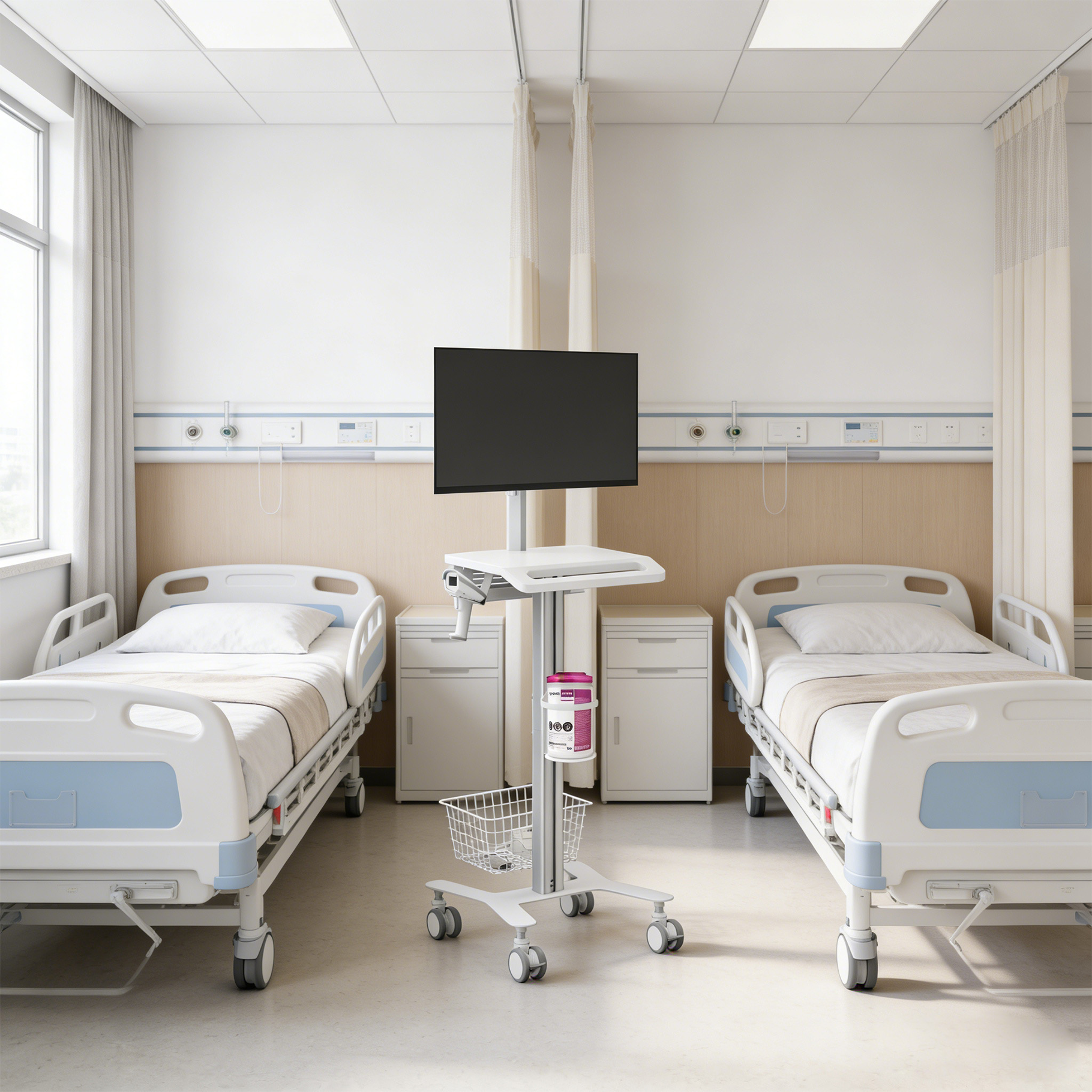 Dos camas de hospital blancas en una habitación luminosa con un carrito de monitor.
