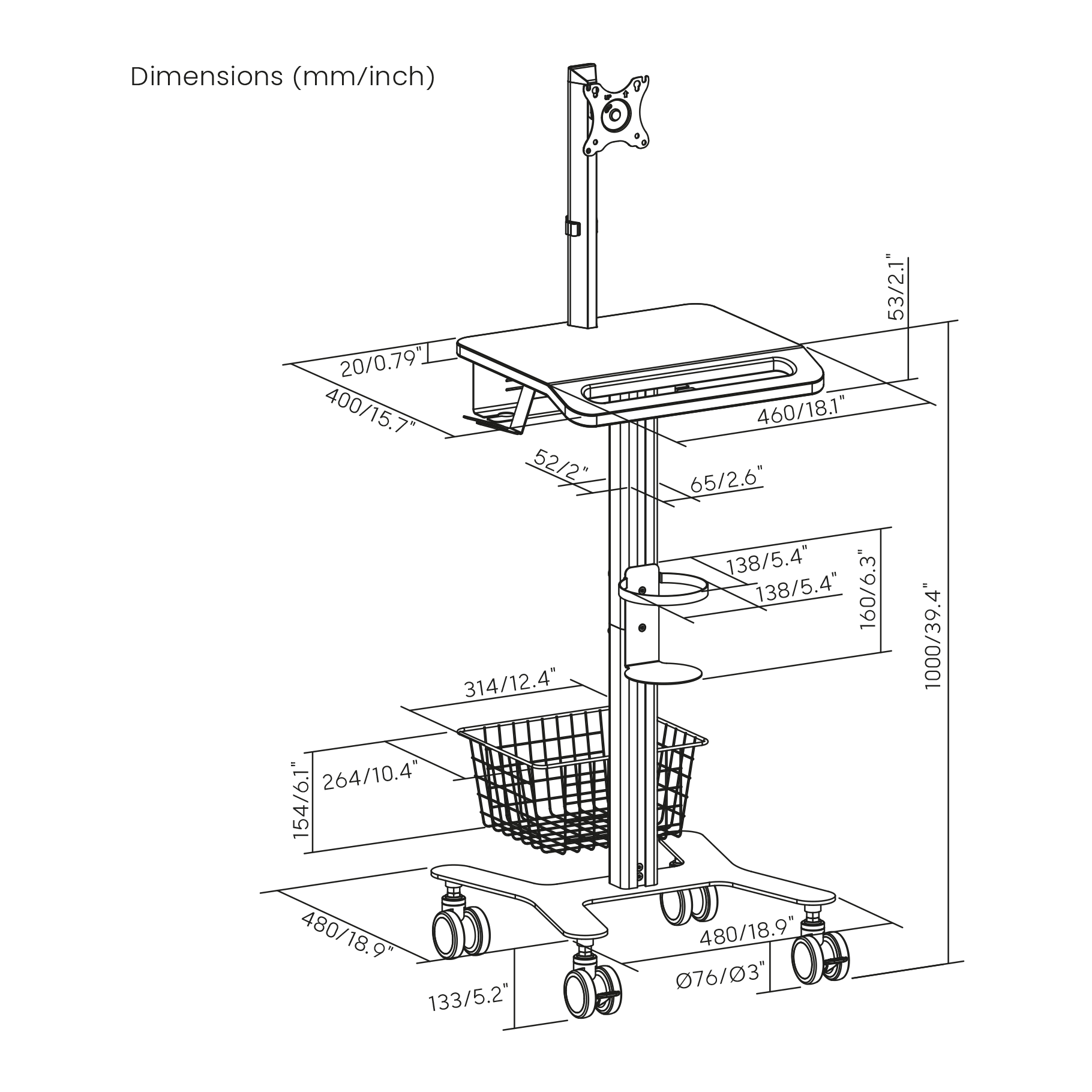 Dibujo técnico de un carrito médico con dimensiones. Tiene soporte para monitor, bandeja, cesta y ruedas.