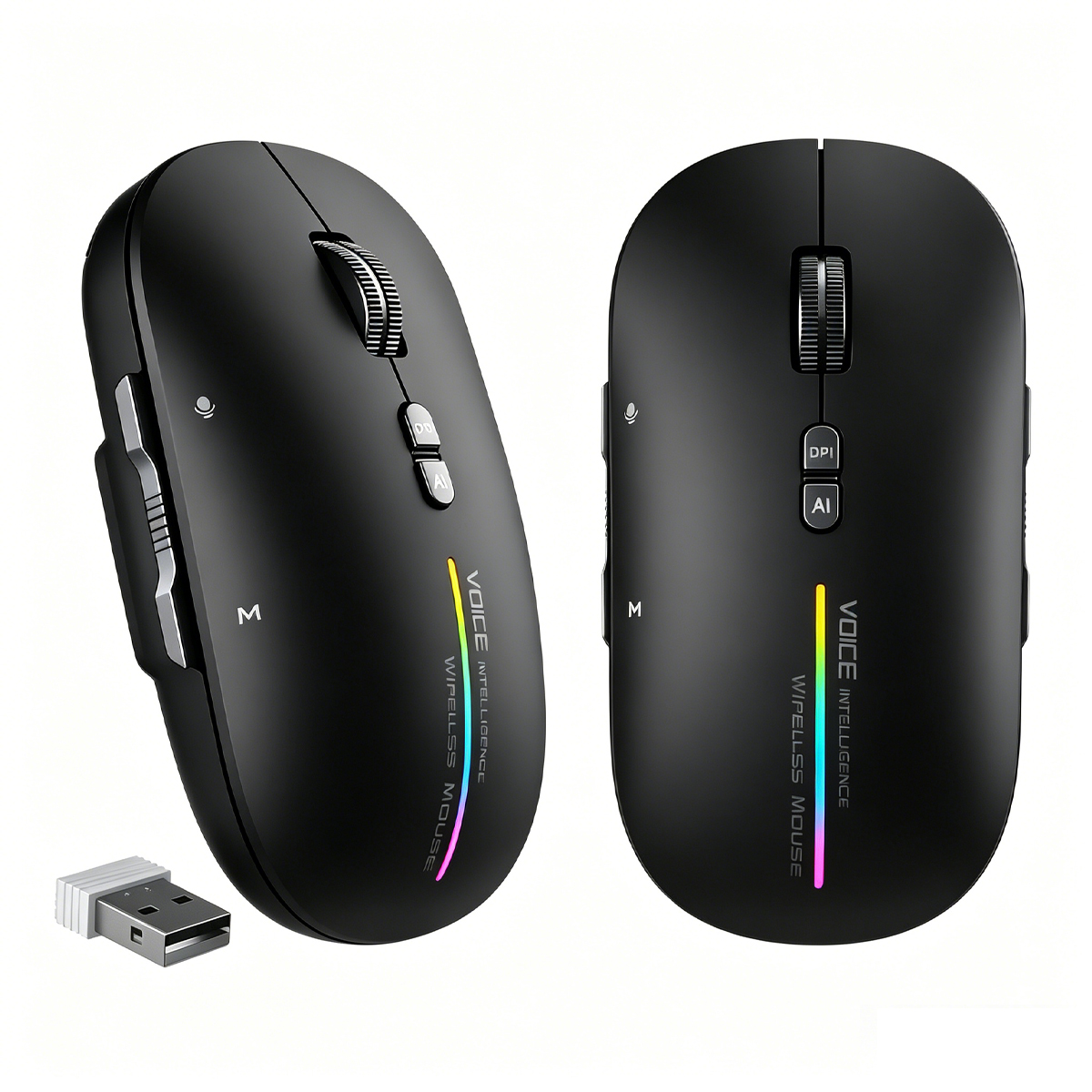 Zwei schwarze kabellose Mäuse mit USB-Empfänger. Eine Maus ist im Profil.
