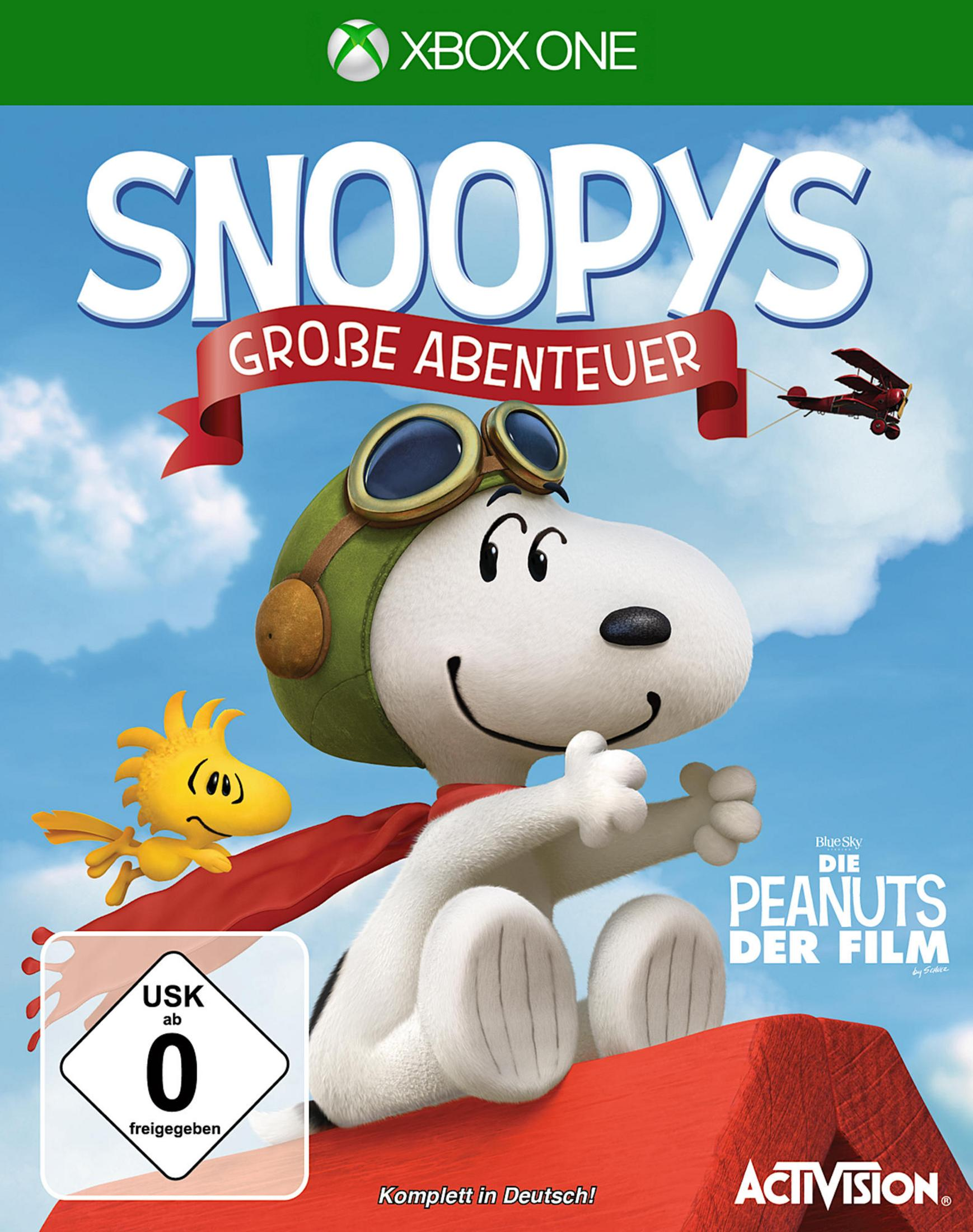 Snoopy und Woodstock auf Xbox One-Spielcover, mit einem Doppeldecker am Himmel.
