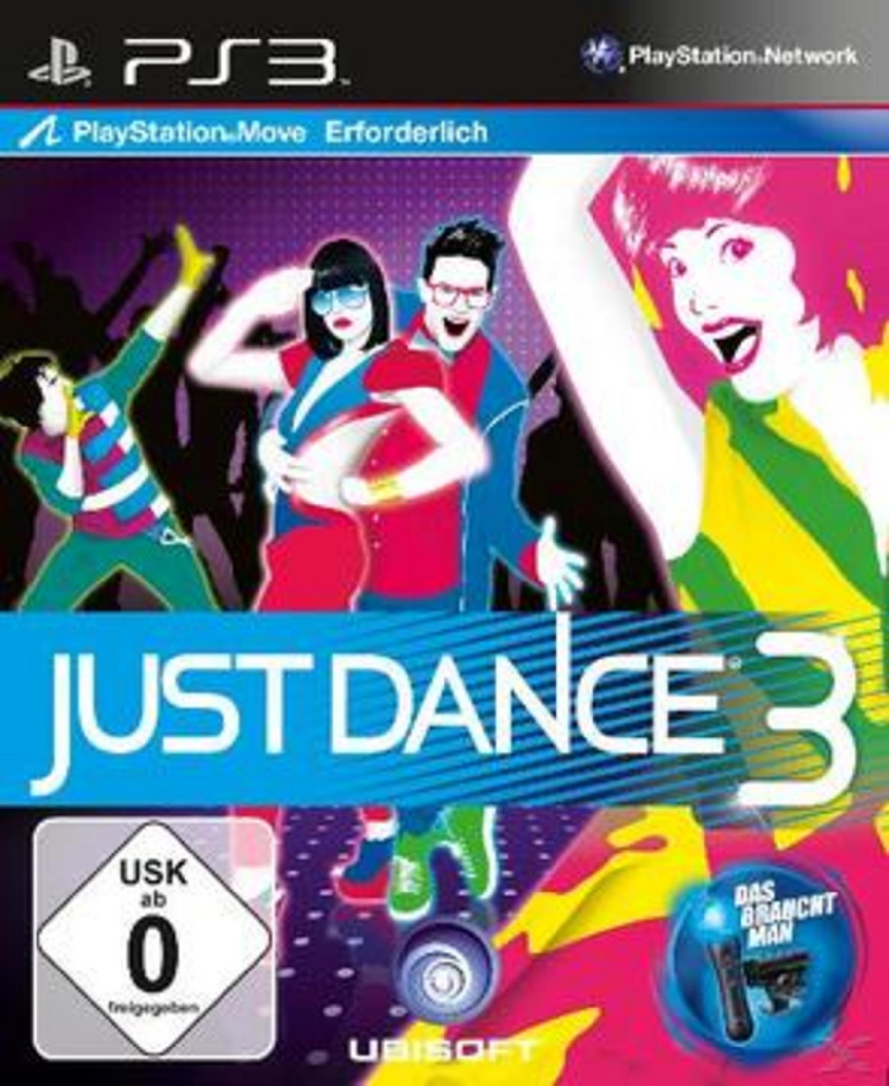 Cover von Just Dance 3 für PS3 mit tanzenden Silhouetten und Spielern.