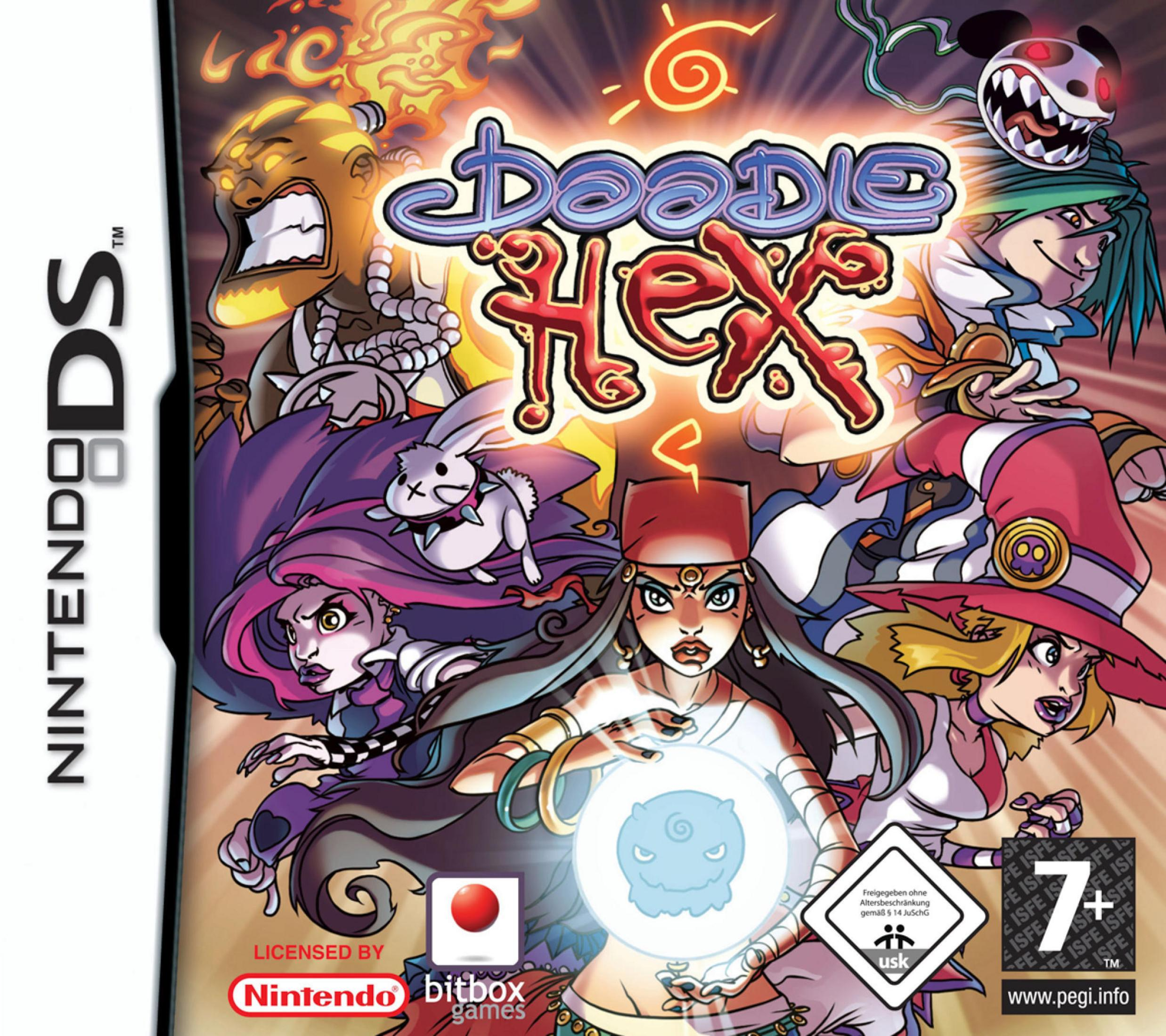 Doodle Hex Nintendo DS Cover mit Cartoon-Figuren und einem leuchtenden Ball.