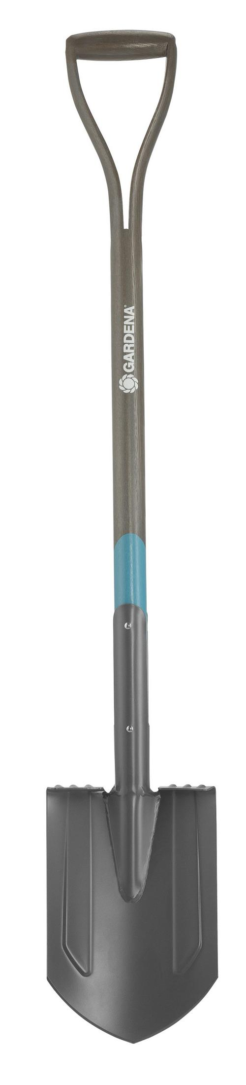 Pala con manico ergonomico, accento blu e lama in metallo.